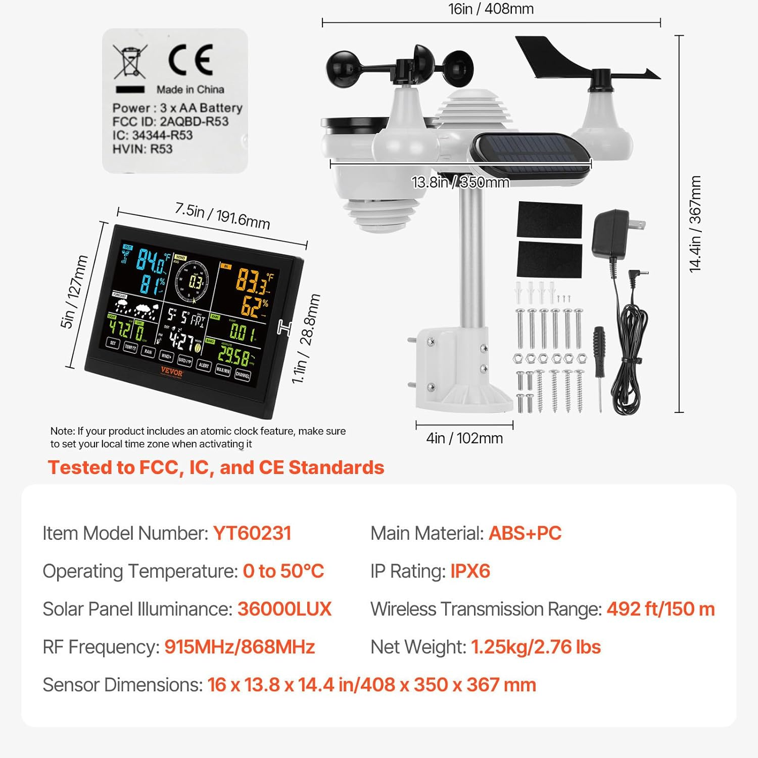 VEVOR 7-In-1 Wireless Weather Station, 7.5 in Color Display, Digital Weather Station Indoor Outdoor, for Temperature Humidity Wind Speed/Direction Rain UV, with Forecast Data, Alarm, Alerts-No Wifi image number 6