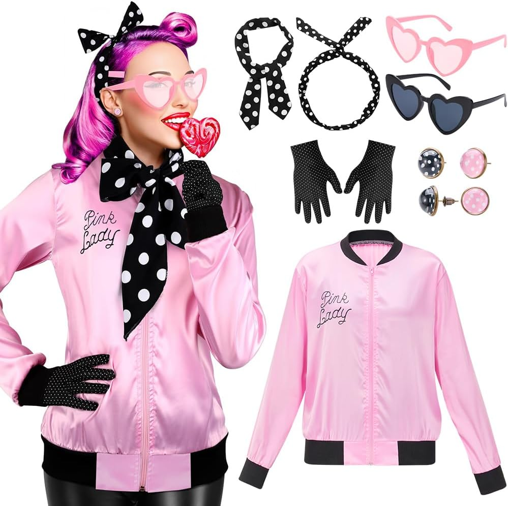 AUTOWT 1950S Pink Ladies Jacket Costume, 11PCS 50S Satin Jacket with Neck Scarf Headband Earrings Cat Eye Glasses Halloween Cosplay Accessories Set for Adults Women Dress up Party Outfit image number 3
