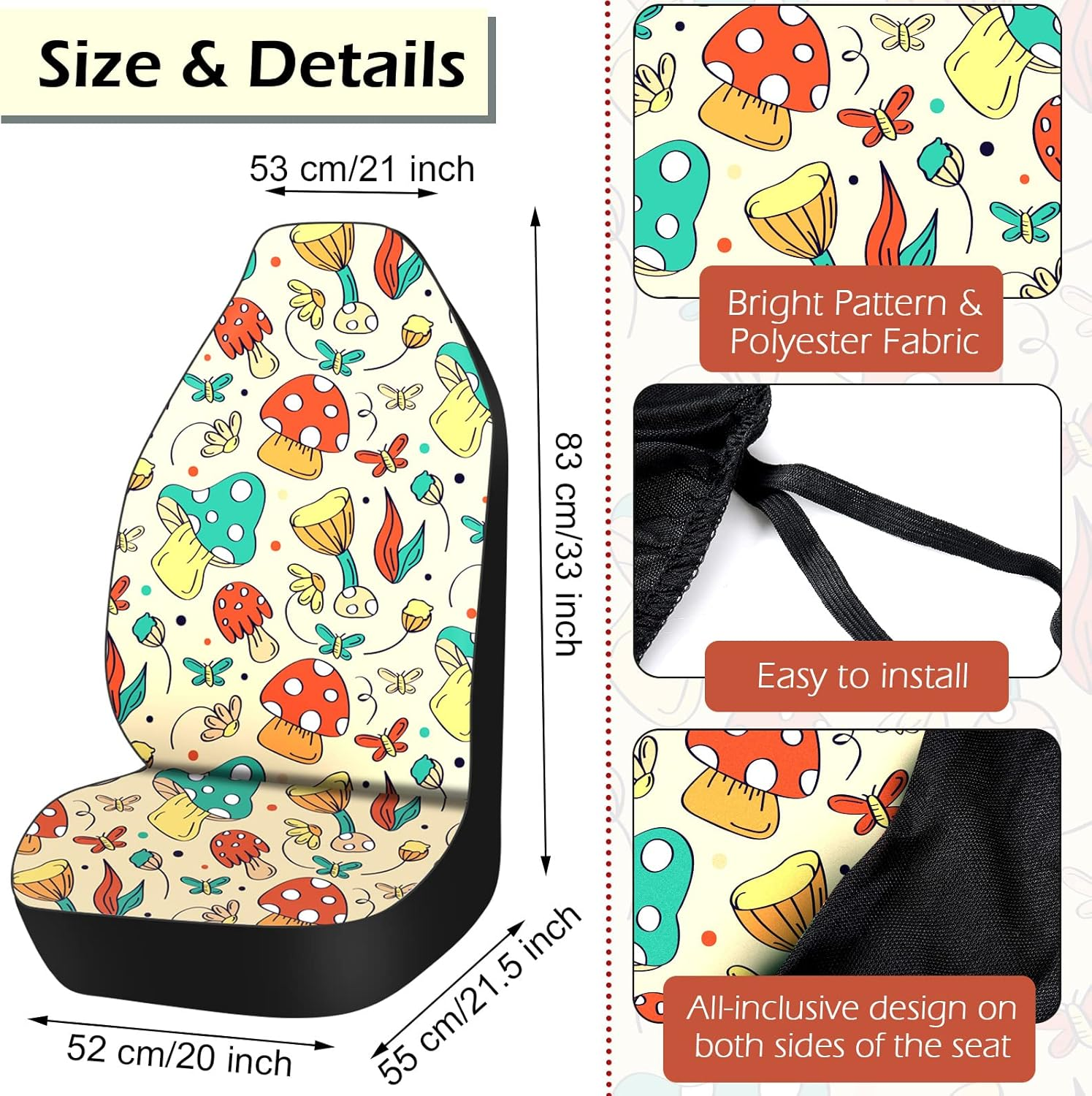 Riakrum 17 Pcs Mushroom Car Seat Covers Accessories Full Set for Women Men Automotive Rear Front Protector View Mirror Hanging Ornament Steering Wheel Belt Cover (Mushroom & Moth) (Sw-Riakrum-659738) image number 6