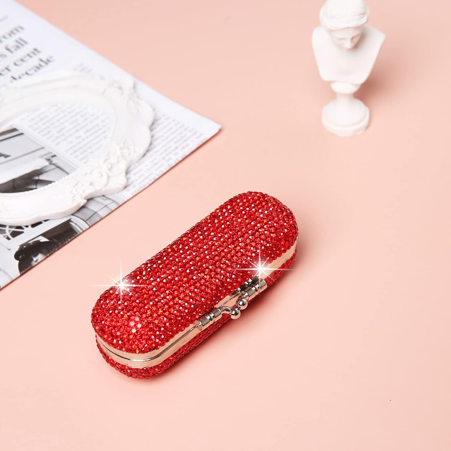 Asalways Shiny Rhinestone Crystal Portable Lipstick Case with Mirror Portable Bling Diamonds Makeup Cosmetic Storage Holder for Travel Ladies Fashion, Red image number 6