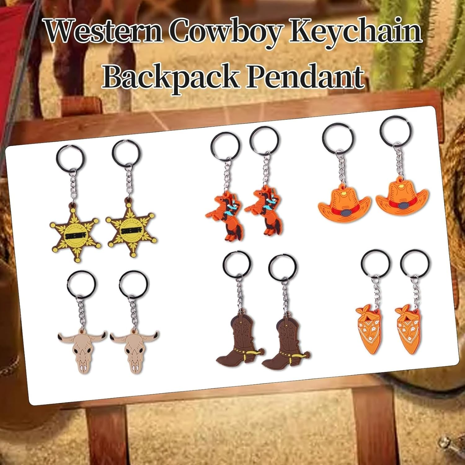 12 Pcs Western Themed Keyrings，Keychains Set &ndash; Cowboy Hat, Boot, Horse & More,Colourful Rubber Keyring for Western Enthusiasts Gift,Charm,Bright Decorative for Keys, Bags,Pouchs image number 3