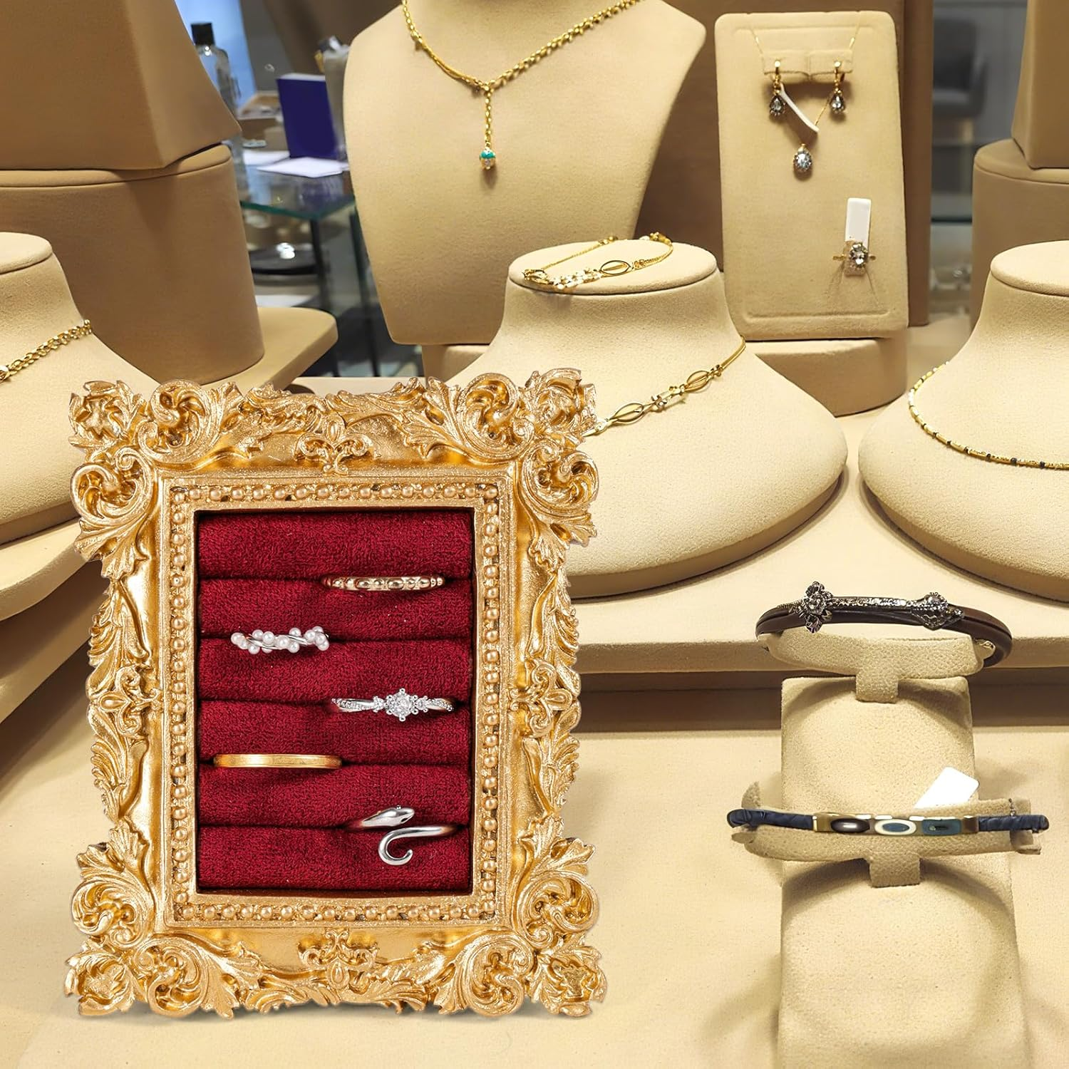 Vintage Ring Display Stand, Baroque Ring Holder Earring Display Tray Jewelry Organizer Birthday Engagement Wedding Decoration for Women (Wine Red) image number 1