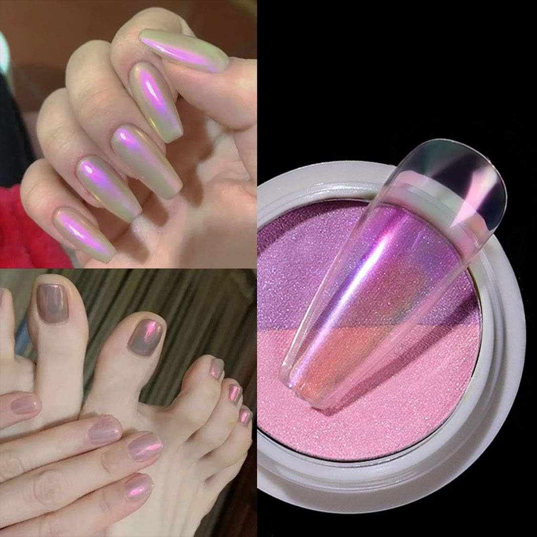 Nail Powder, Double Color Aurora Chrome Nail Powder Multi Mirror Effect Mermaid Neon Transparent Powder Manicure Pigment Glitter Fairy Dust Nail Art Decoration for Nail Art D&eacute;cor,0.8G image number 4