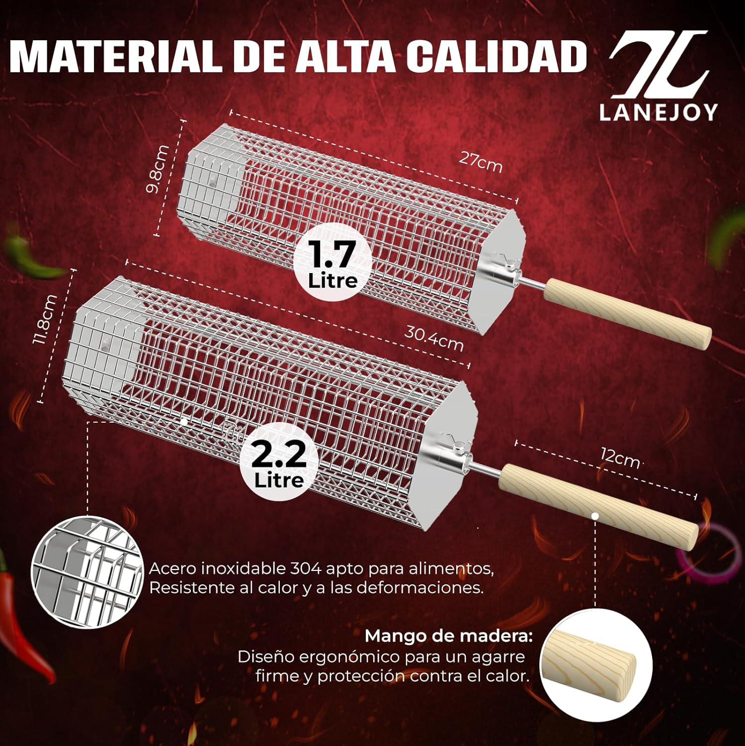LANEJOY Rolling Grill Baskets with Removable Handle (Hexagonal), 2 PCS Stainless Steel Rolling Grilling Basket for Outdoor Grill, Portable Grill Nets for Vegetable Shrimp Chicken, Barbecue Accessories image number 1