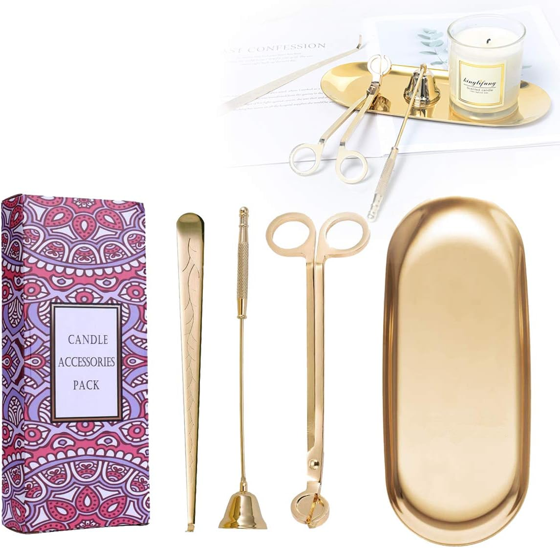 UCINNOVATE 4 in 1 Candle Accessory Set, Storage Tray Plate, for Candle Lover, Thanksgiving, Christmas(Gold)