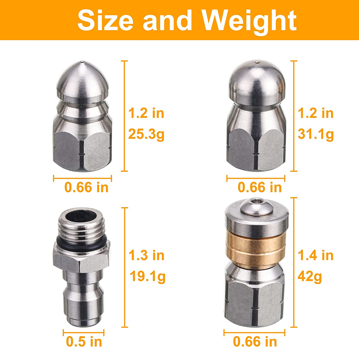 PWACCS Sewer Jetter Nozzle for Pressure Washer - Stainless Steel Drain Cleaning Tips, 3 Pieces: Button Nose Jet, Rotating Flat Jetting, and Drain Jet Hose - 5000 PSI image number 1