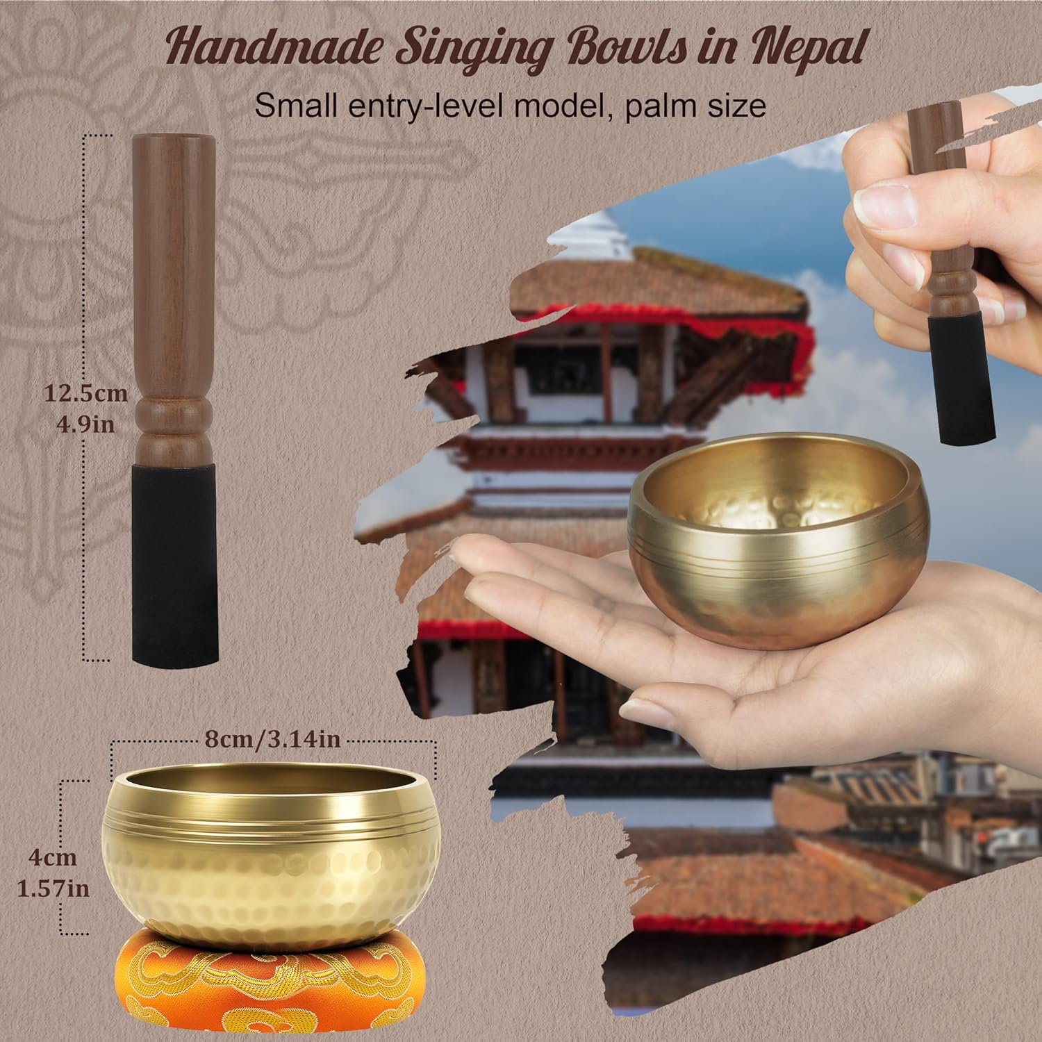 3.14In Tibetan Singing Bowl Set with 7 Chakra Crystal Stones &ndash; Handmade in Nepal for Meditation, Mindfulness & Relaxation image number 5