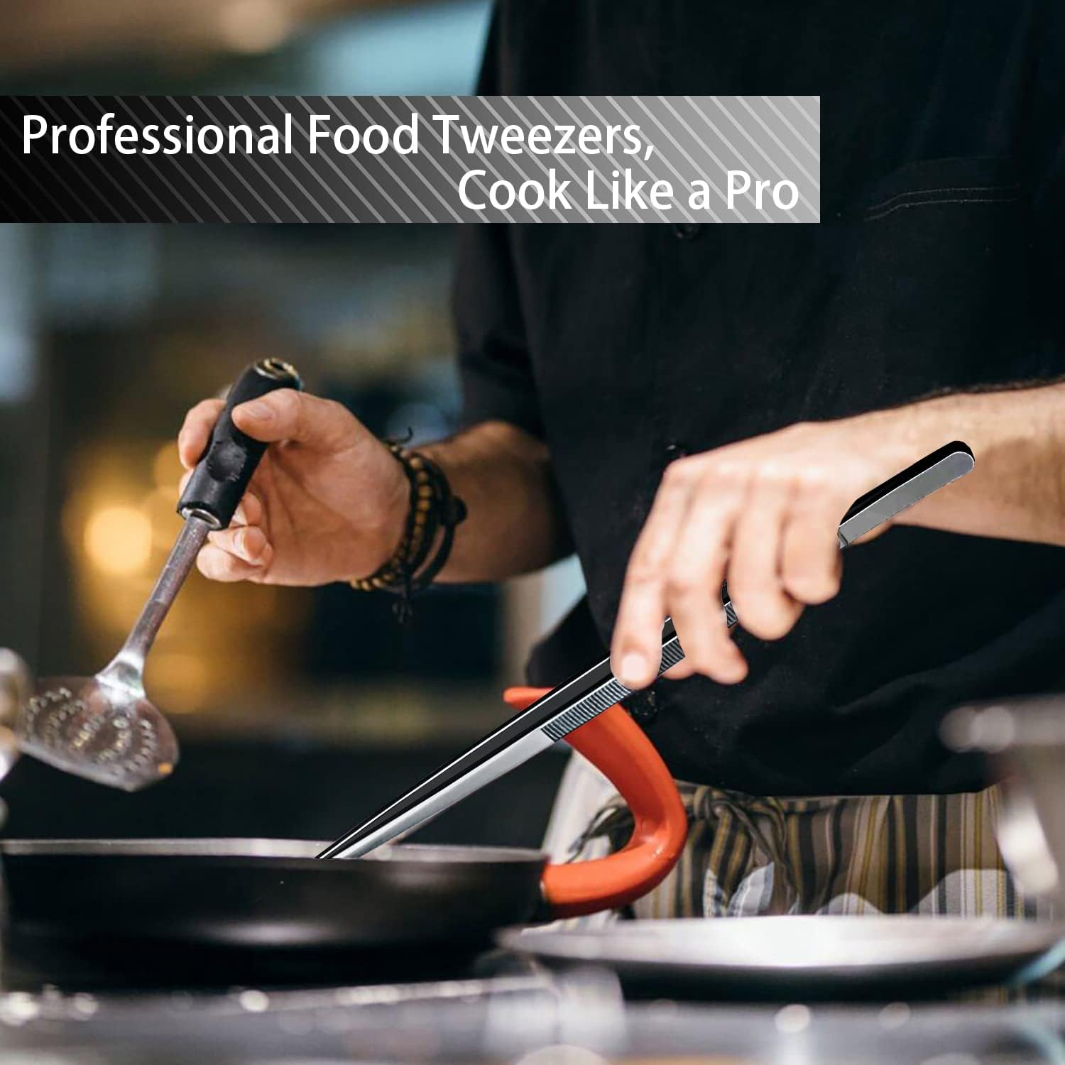 JETKONG 4 Pcs Kitchen Tweezers Professional Stainless Steel Cooking Tweezers Set, Black Kitchen Food Tweezer Tongs for Cooking, Repairing, and BBQ (10+12-Inch, Black) image number 6