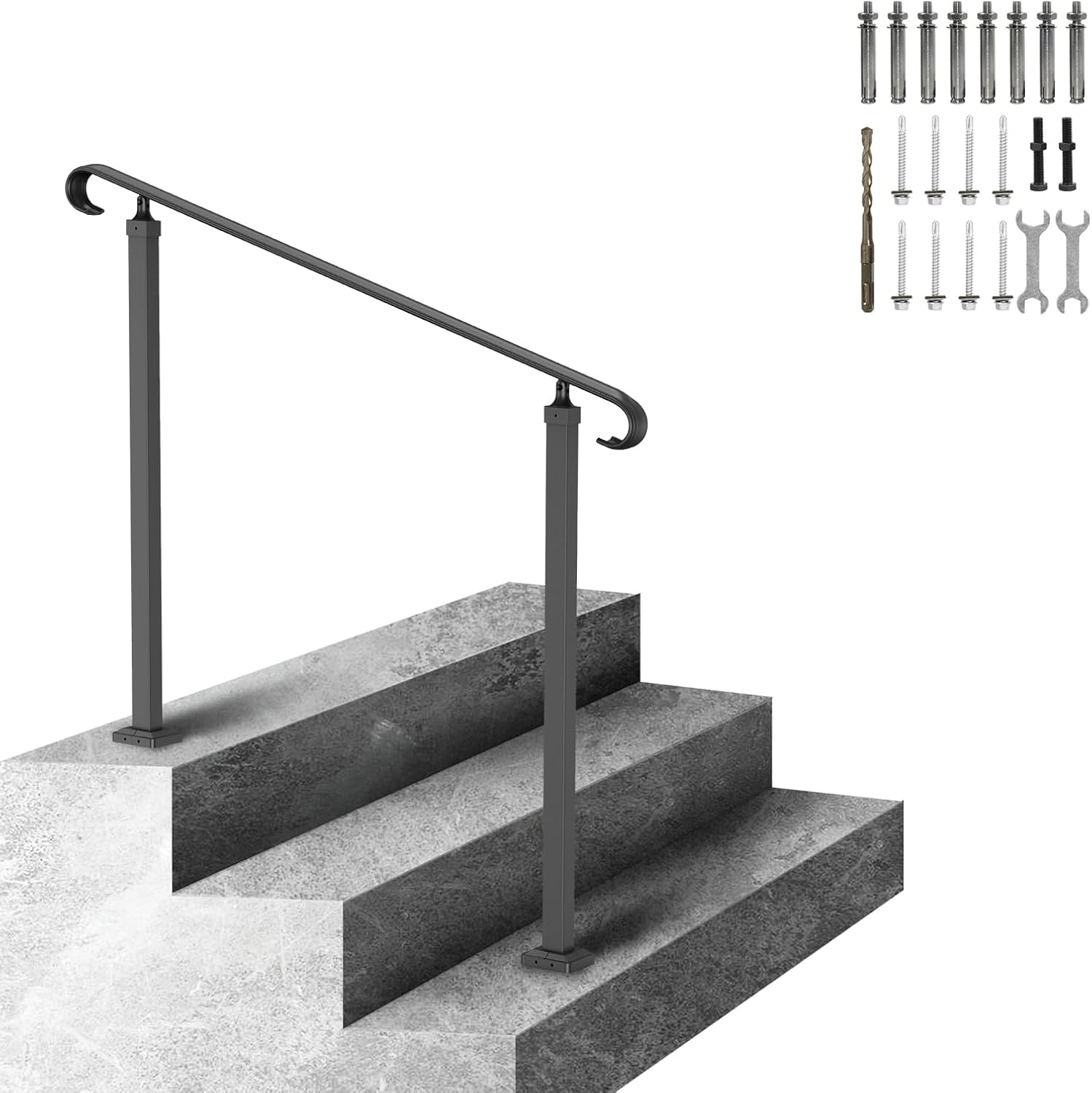 VEVOR Handrail for Outdoor Steps, 2-3 Steps Flat Outdoor Handrail, Adjustable Wrought Iron Staircase Handrail, Thickened Stair Railings for Porch Railing