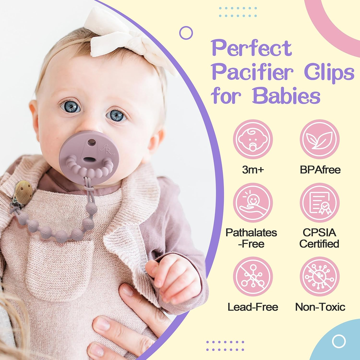 Silicone Dummy Clips - 2 Pcs Dummy Clip Boys Girls - Pacifier Clips and Dummy Holder - Soother Chains - One-Piece Design (Cream Whtite+Purple)