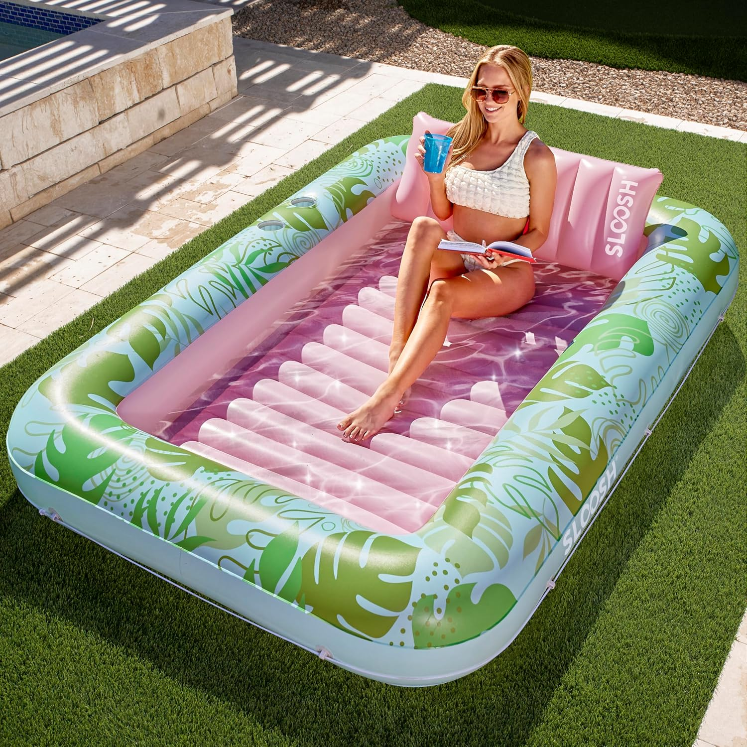 SLOOSH Inflatable Tanning Pool Lounger Float, 70" X 46" Pool Floats Adult with Pillow, 4 in 1 Suntan Tub Raft Floatie,Sunbathing Bed Lounge for Water Blow up Kids Ball Pit Party Gifts, L-Champagne