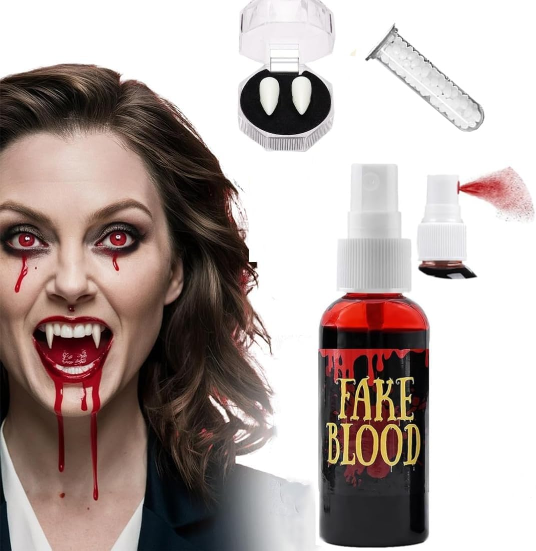 Fake Blood Spray, (60ML) Halloween Fake Blood with 15Mm Vampire Teeth, Vampire Blood Zombie Makeup Halloween SFX Makeup for Blood Splatter Costume,Zombie,Vampire and Monster Dress up Cosplay image number 2