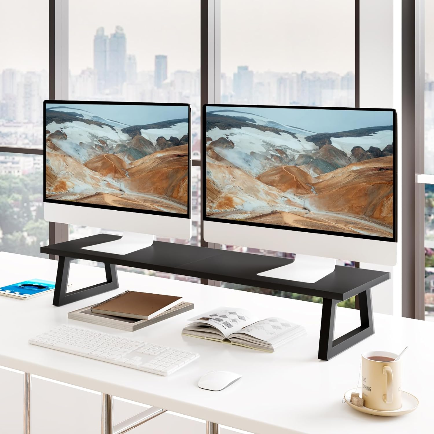 TEAMIX Dual Monitor Riser for 2 Monitors, 80Cm Long Monitor Stand Riser TV Stand Riser Monitor Stand for Desk Wood & Steel Desktop Riser Desk Organization Home Office (Black) image number 1