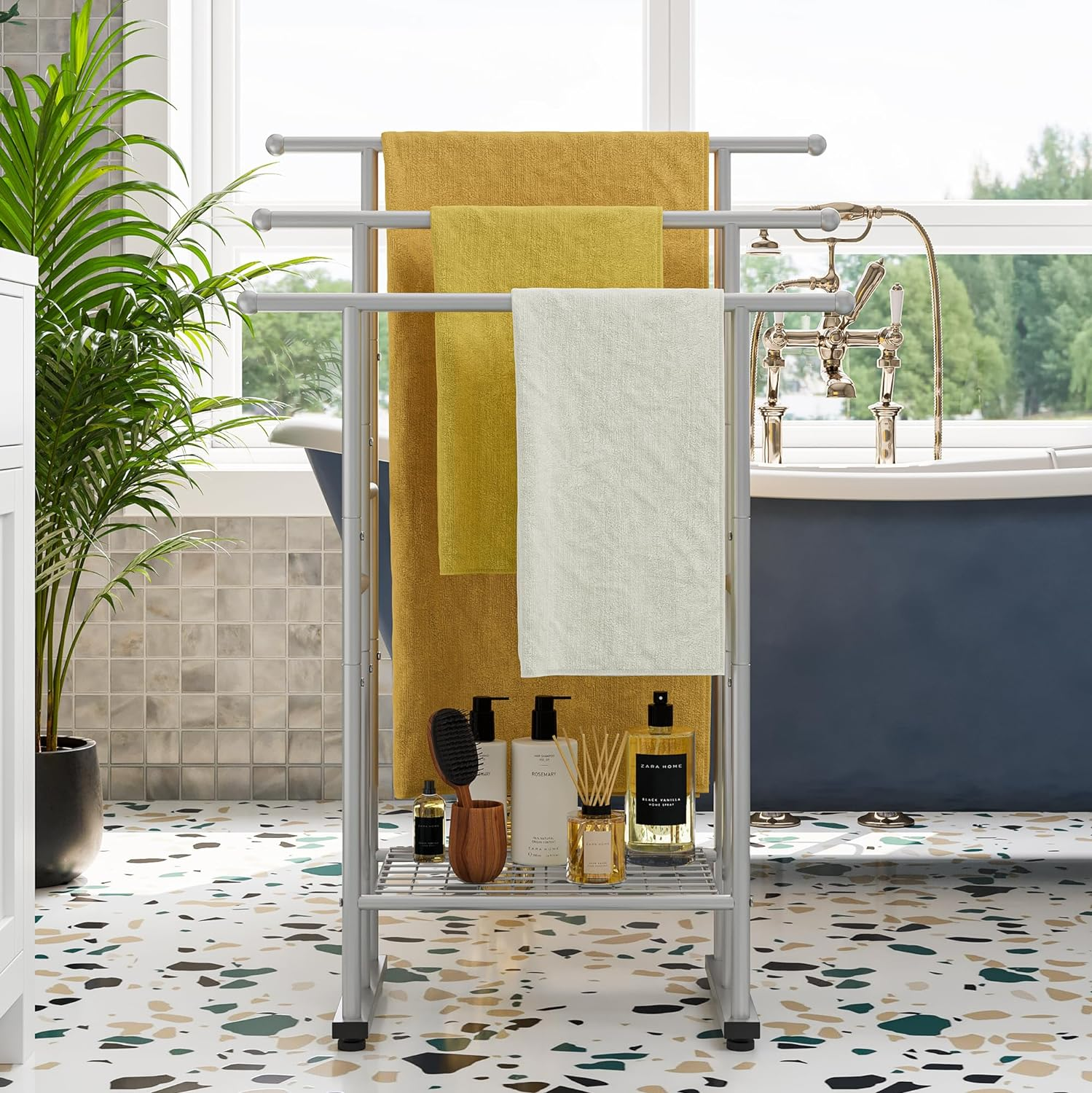 Tall Free Standing Towel Racks for Bathroom Towel Rack Stand with Storage Basket,3 Tiers Floor Bath Towel Holder,Anti-Rust Chrome Ladder Towel Bar,Silver - Black image number 4