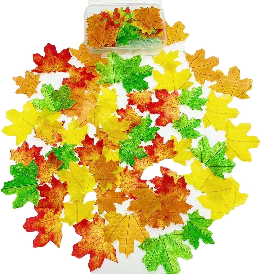 74Pcs Edible Fall Leaves Cake Cupcake Toppers for Baking Food Ice Cubs Rice Paper Autumn Maple Leaveswedding Happy Birthday Party Mixed 2 Size 4 Color image number 2