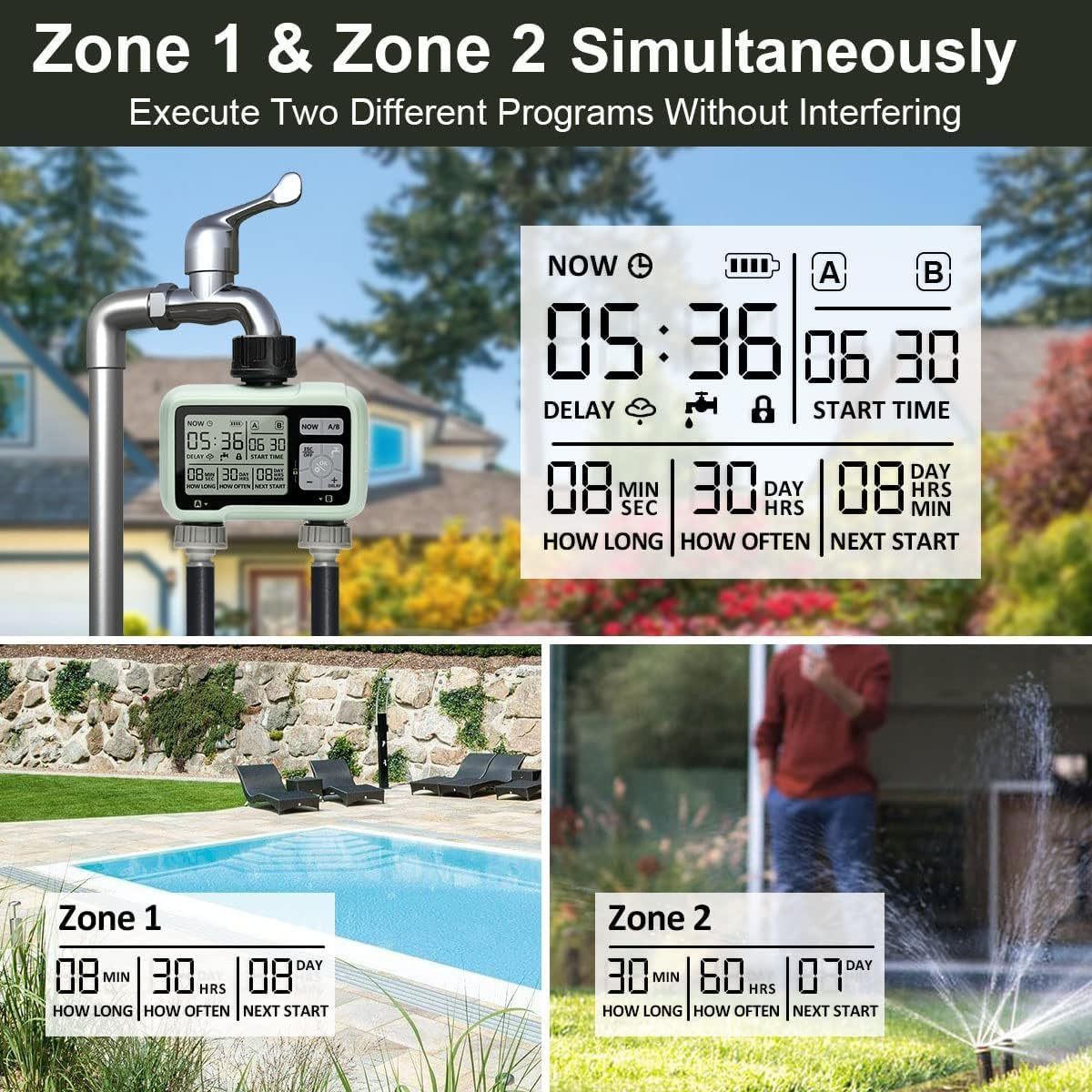 Digital Water Timer 2 Outlets, Automatic & Manual Watering Timers with LCD Screen, Sprinkler Timer Programmable with Rain Delay & Manual Modes - IPX5 Waterproof, Garden Hose Timers for Lawns, Yards