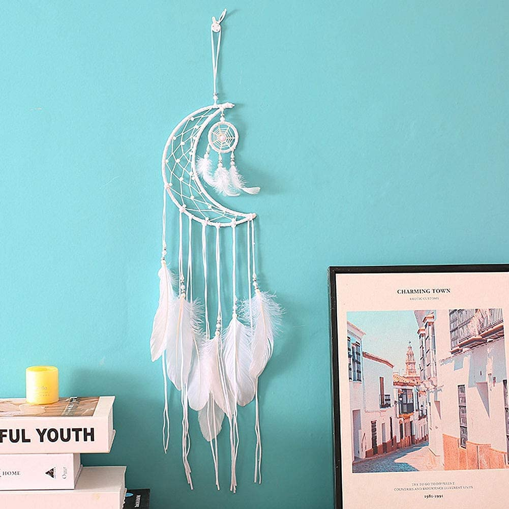 Dream Catcher Handmade Moon Design with Feathers Dreamcatcher Wall Hanging Home Decoration Ornament Christmas Festival Craft for Bedroom Living Room Outdoor(White Moon) image number 1