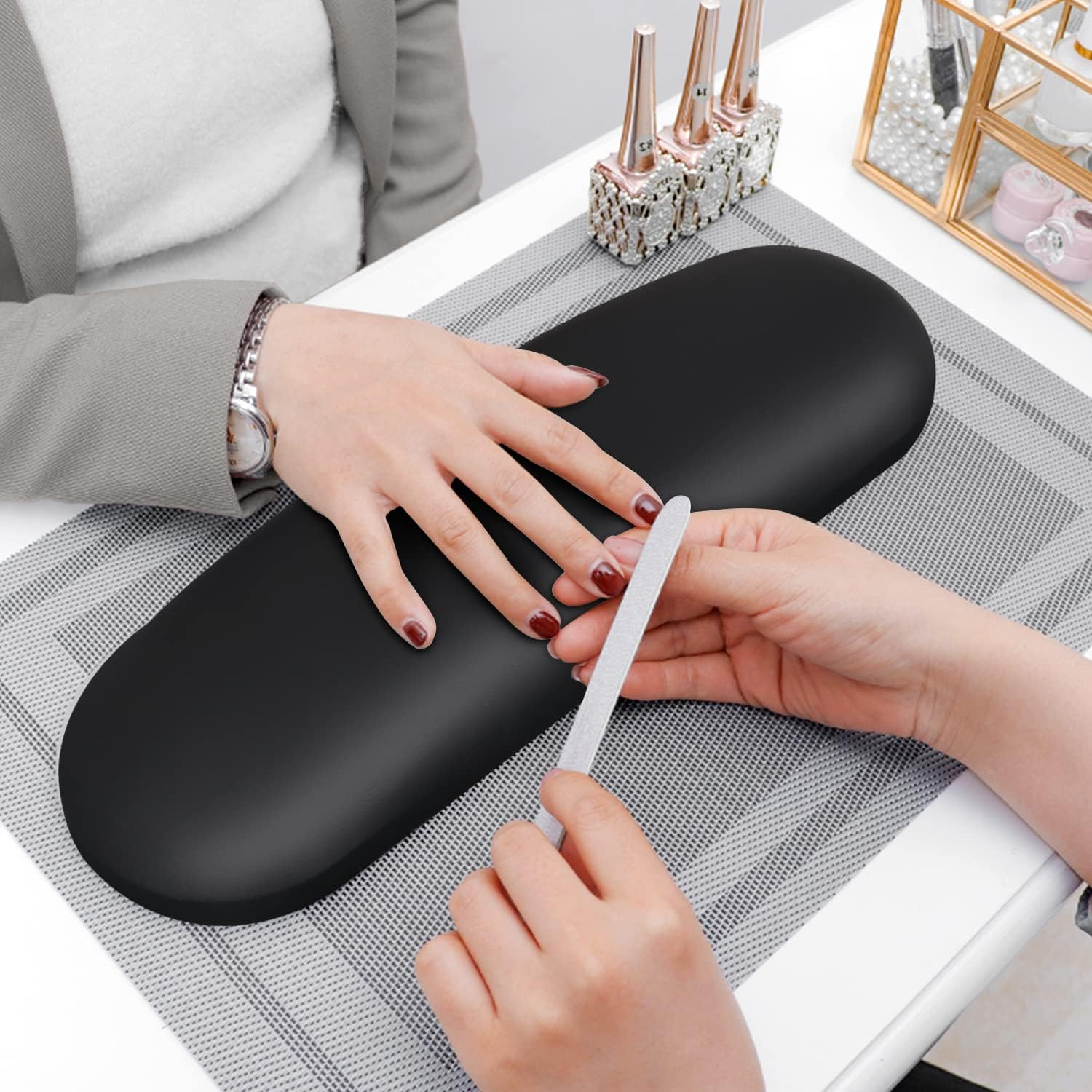 Nail Arm Rest Pillow and Mat Luxury Salon Manicure Armrest Cushion Nail Art Hand Holder Manicure Hand Rest Cushion Pad Tool for Nail Tech Manicurist (With Mat, Black) - Black image number 3