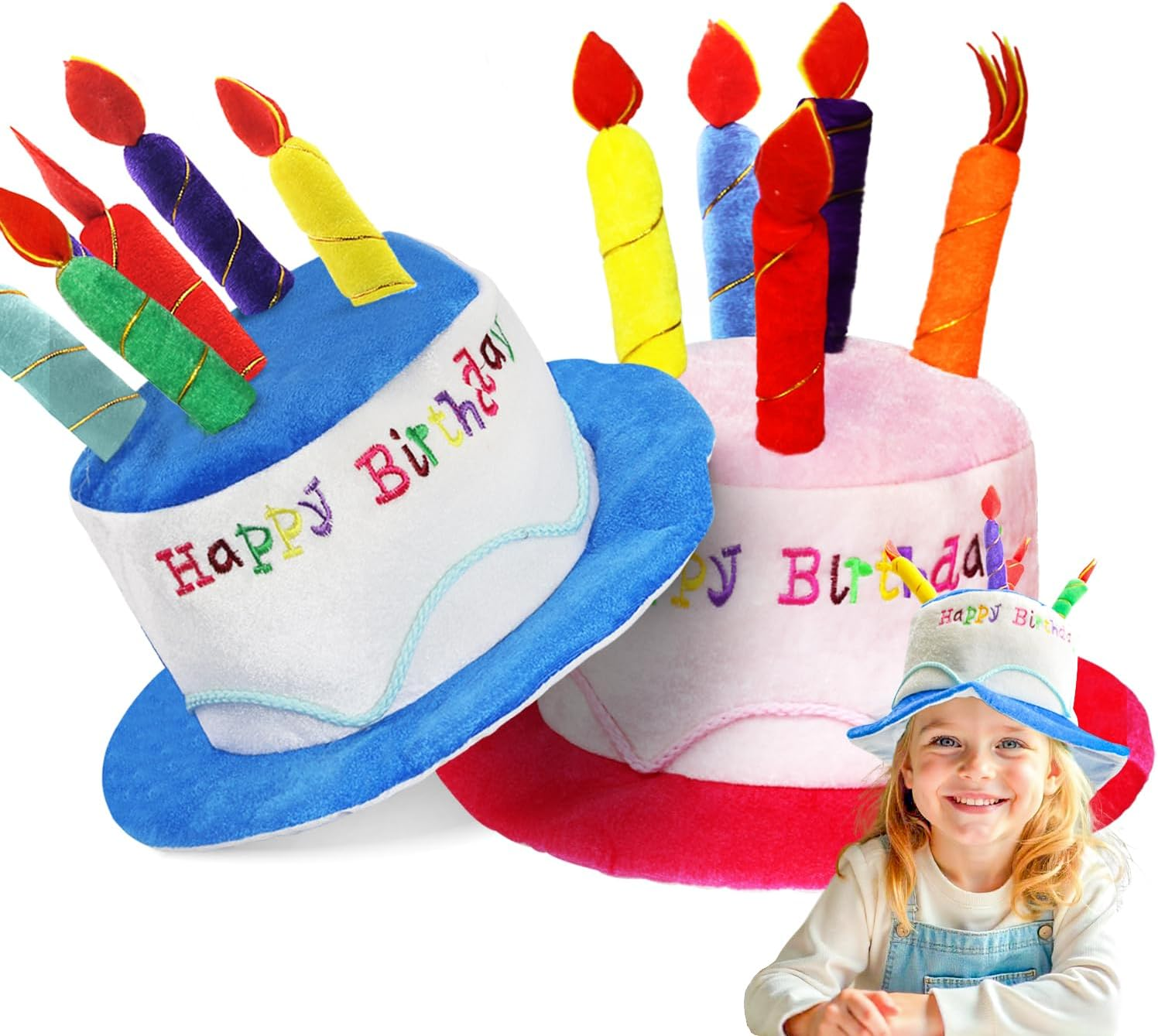 Novelty Place Plush Happy Birthday Cake Hat, (2 Pcs, Blue & Pink) - Unisex Adult Size Fancy Dress Party Hats - Perfect as Party Favors, Costume Accessories - Cake & 5 Multicolor Candles image number 1
