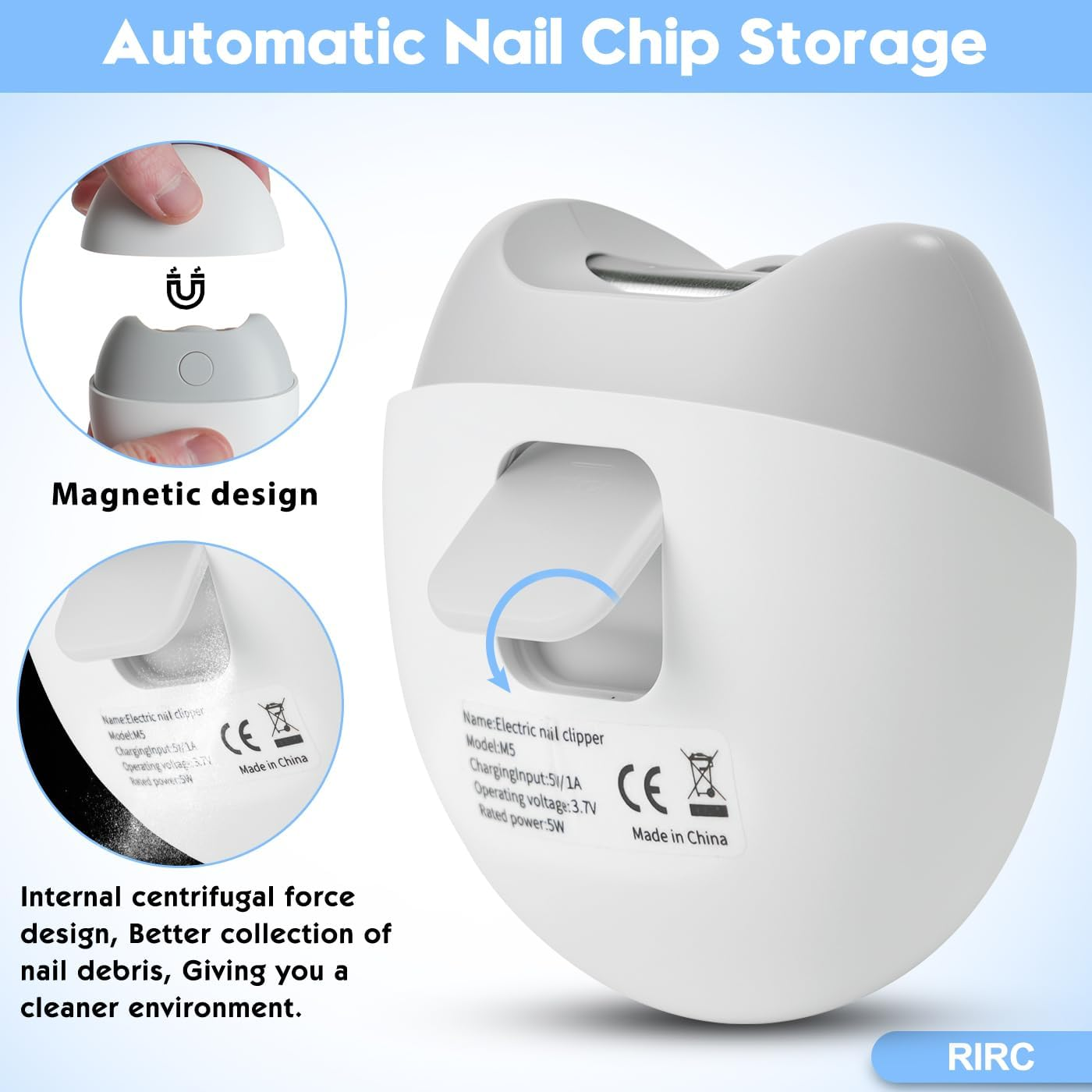 Electric Nail Clipper with USB Charging, Nail Chip Storage Electric Nail Trimmer, 2 Speed Levels for Babies, Seniors and Adults (Frosted White) image number 6