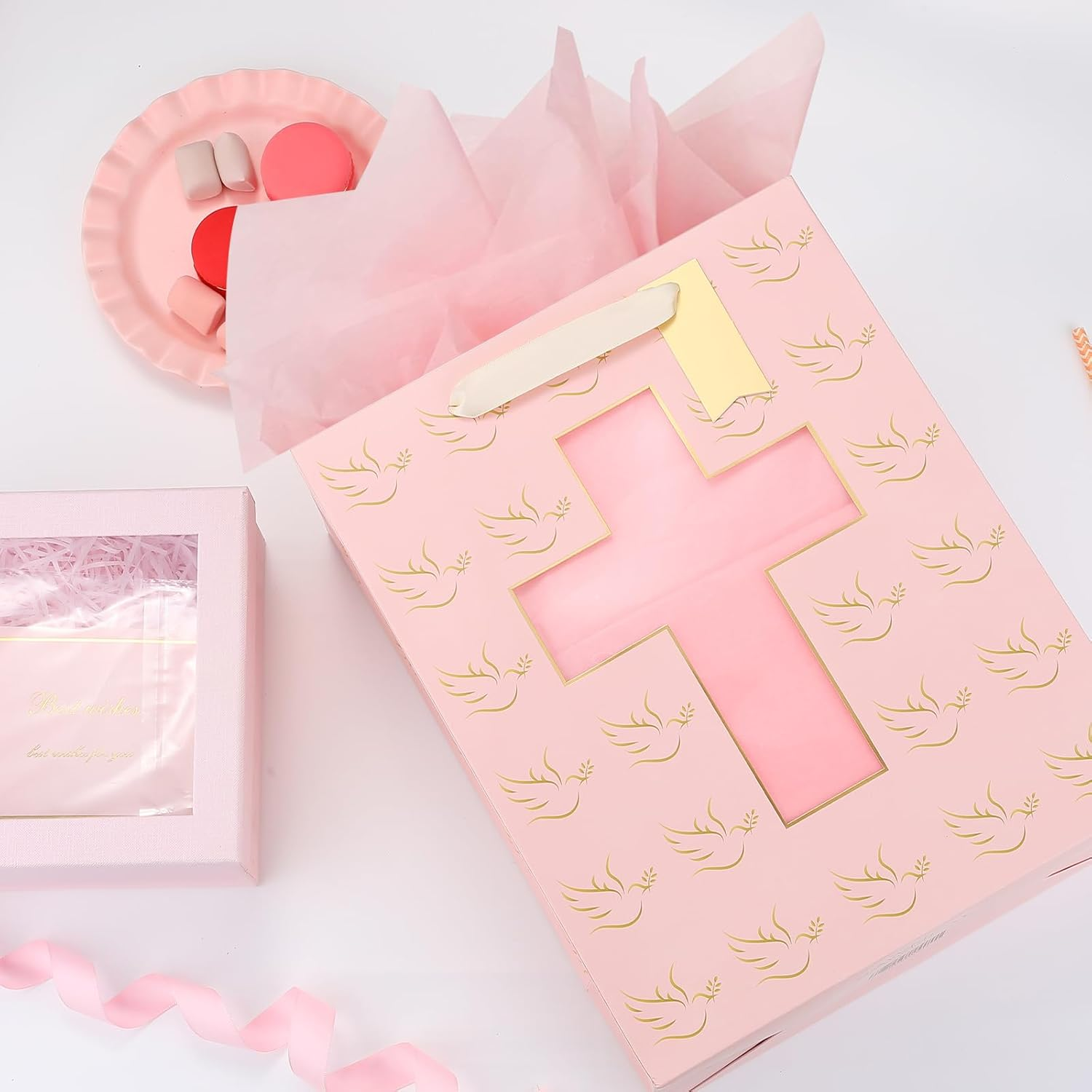 Sawnfay Pink Gift Bag - 25.3 X 12.7 X 33Cm, Baptism Gifts for Baby Girl, Christening, First Communion, Religious Events, with Cross Cut Window Design and Tissue Paper image number 5