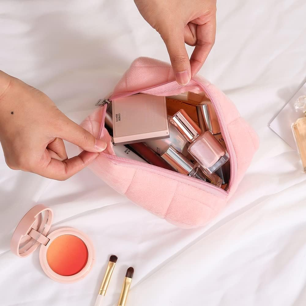 Plush Makeup Bag Cosmetic Bag for Women,Zipper Large Solid Color Travel Toiletry Bag Travel Make up Toiletry Bag Washing Pouch, Pink image number 5