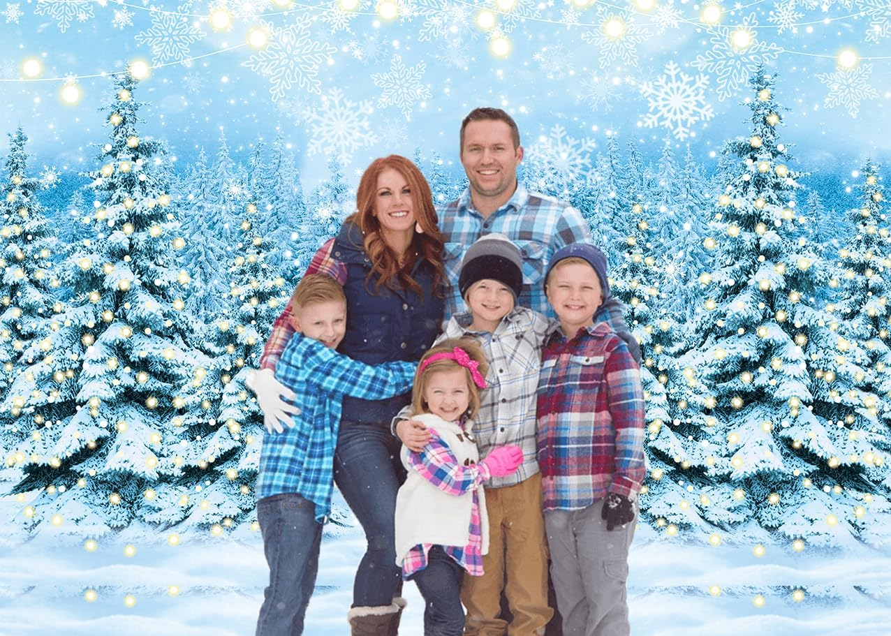 Winter Forest Scenery Backdrop Glitter Snowy Wonderland Pine Tree Snowflake Photography Background for Winter Christmas New Year Family Holiday Party Decorations Banner (82X59 Inch (7X5Ft)) image number 1