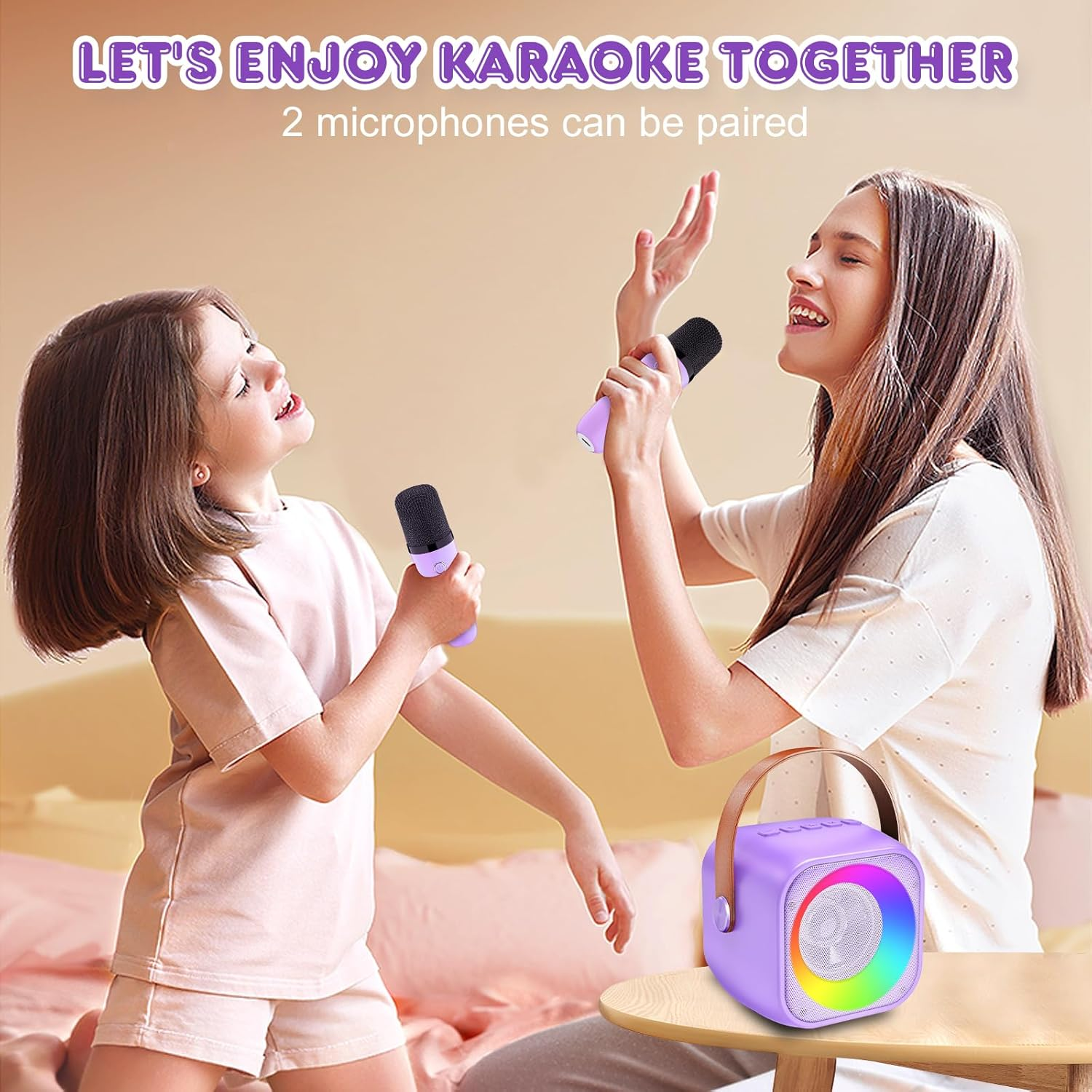 Karaoke Machine Kids for Adults Kids Portable Bluetooth Speaker with 2 Wireless Microphones and Player for 3-12 Years Old Boys Girls Birthday Family Party Gift Toys (Purple) image number 5