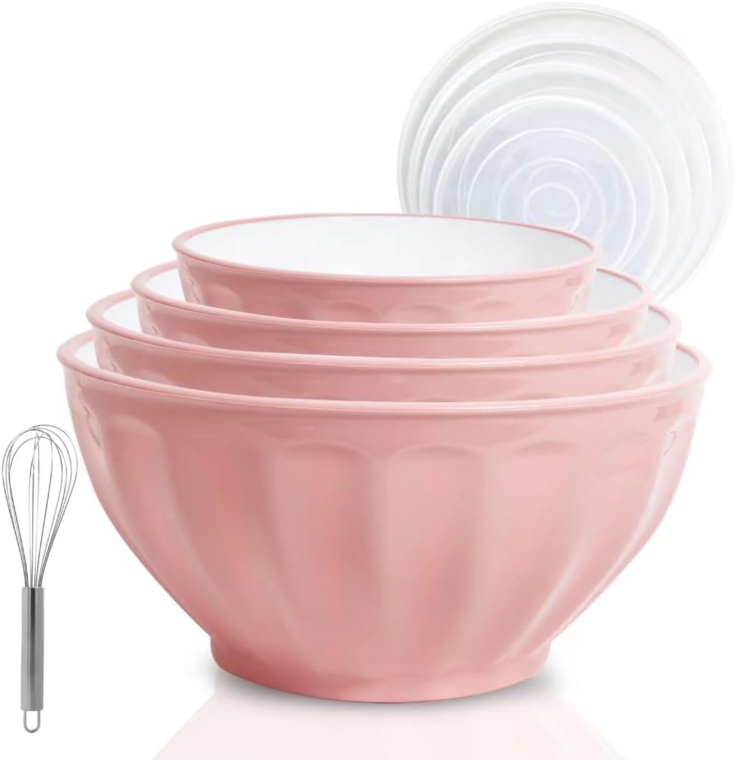 Mixing Bowls with Lids Set,4 Piece Large Plastic Nesting Mixing Bowls,Includes 4 Microwave Safe Mixing Bowl and an Egg Whisk for Kitchen Prepping,Baking,Cooking Food, Pink image number 6