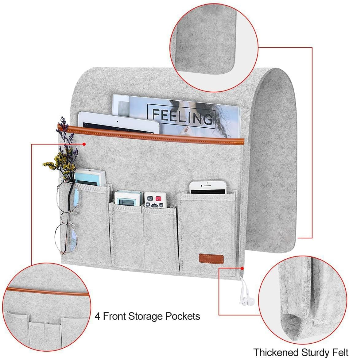 Sofa Armrest Organizer, Hanging Sofa Caddy Storage Bag with Long Flap and Hook, Sofa Remote Control Holder Bag with 5 Pockets for Magazine, Glasses, Tablet, Phone, Ipad, Non-Slip (Grey)