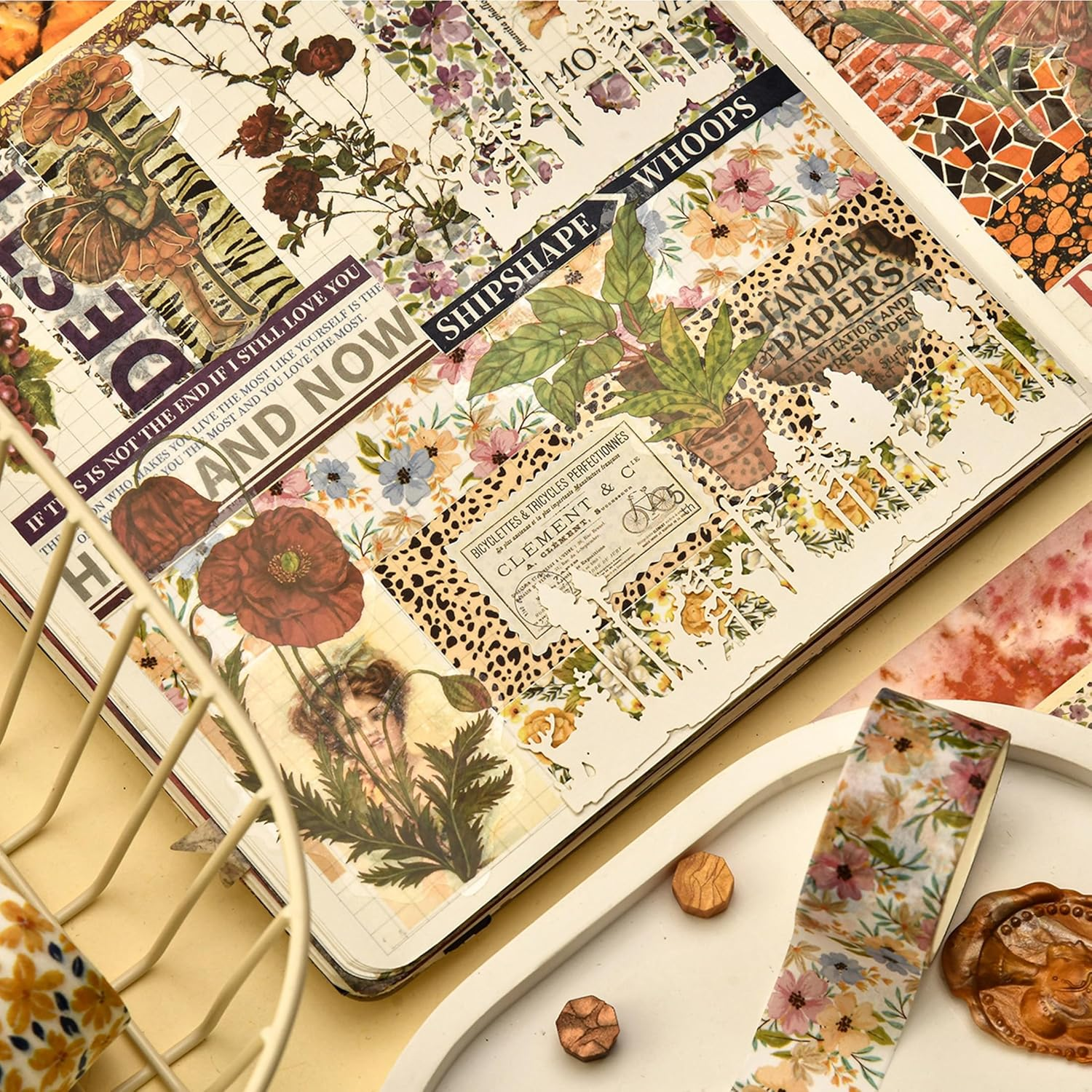 8 Rolls Retro Washi Tape Set Vintage Arts Adhesive Tapes Wide Painting Patterned Decorative Masking Tape Sets for Craft, Kids, Scrapbook, DIY, Gift Wrapping (Flowers & Plants) image number 6