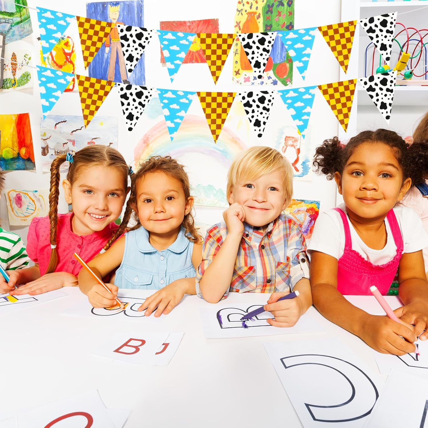 4Pcs Cartoon Birthday Decorations, Cartoon Story Party Decorations Triangle Pennant Flag Blue Yellow Red Party Decor Outdoor Garden Supplies for Outdoor Indoor Decorations image number 6