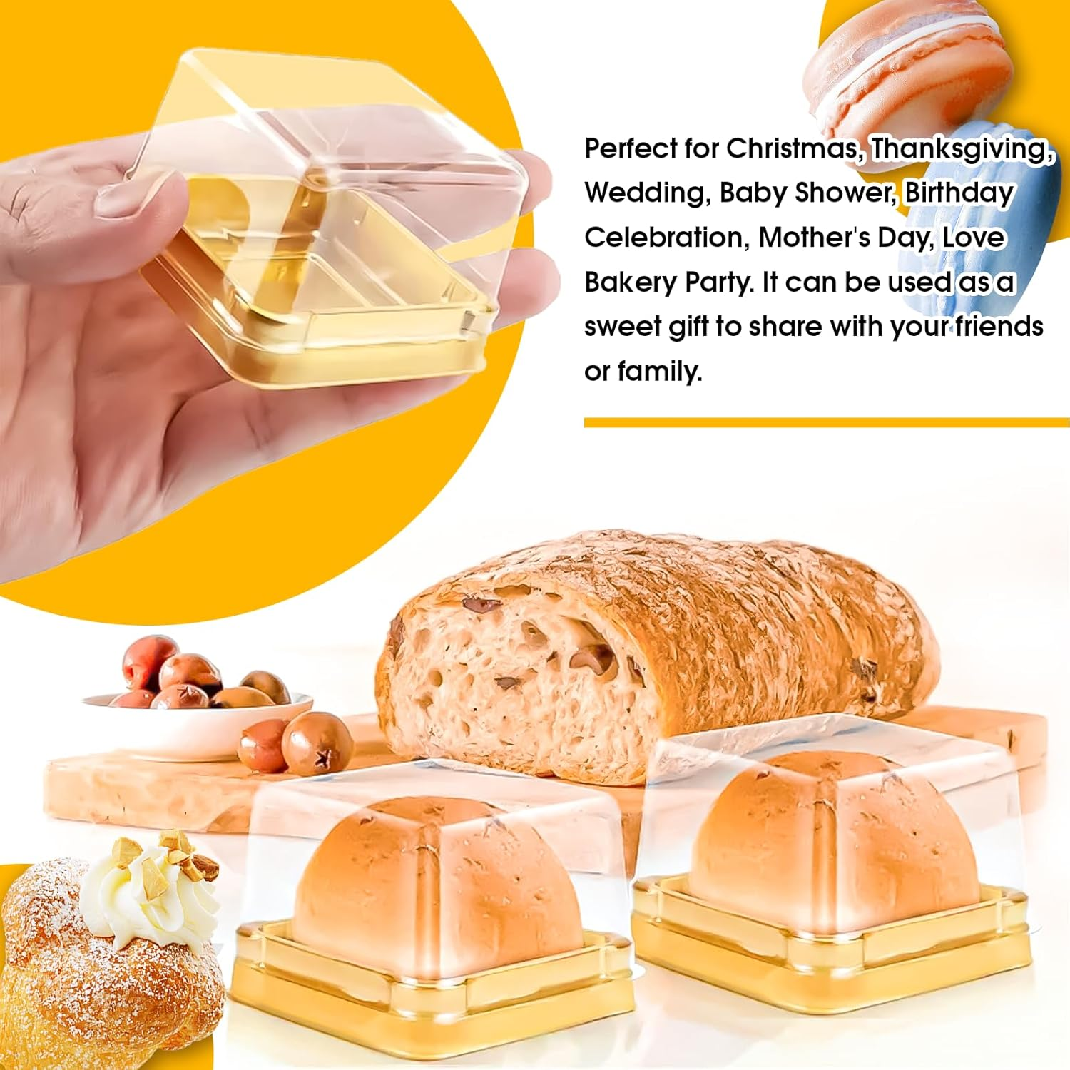 Benran 50 Sets Mooncake Box, Individual Mini Cupcake Container Boxes, Dessert Muffin Cake Box with Lids for Mid Autumn Festival Wedding Birthday Christmas Party (63-80G Gold) image number 3