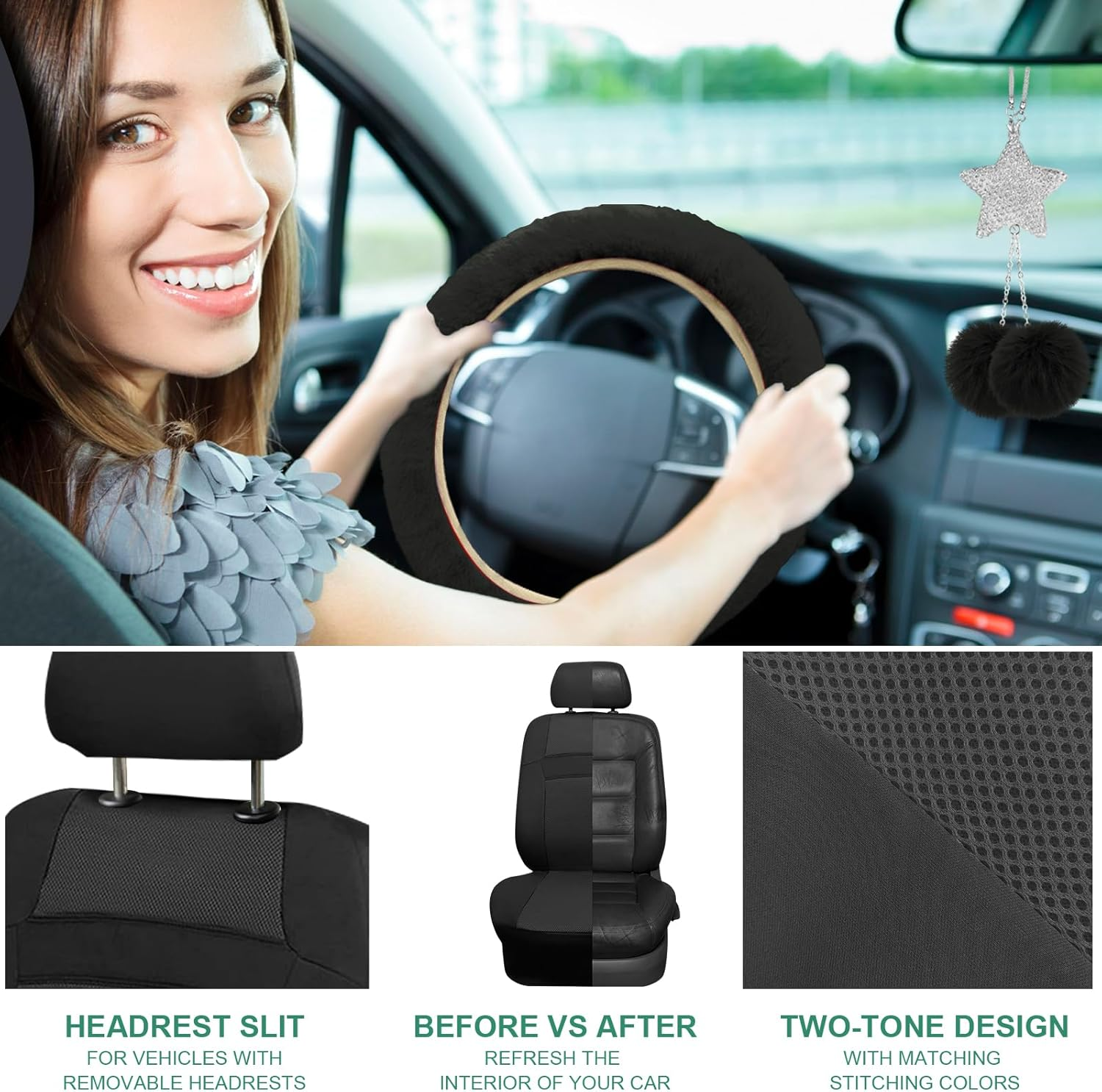 Car Seat Cover Full Set for Women with Waterproof Floor Mats,3D Air Mesh Car Seat Cover with 5Mm Composite Sponge Inside,Universal Fluffy Steering Wheel Cover, Accessories Full(Black)
