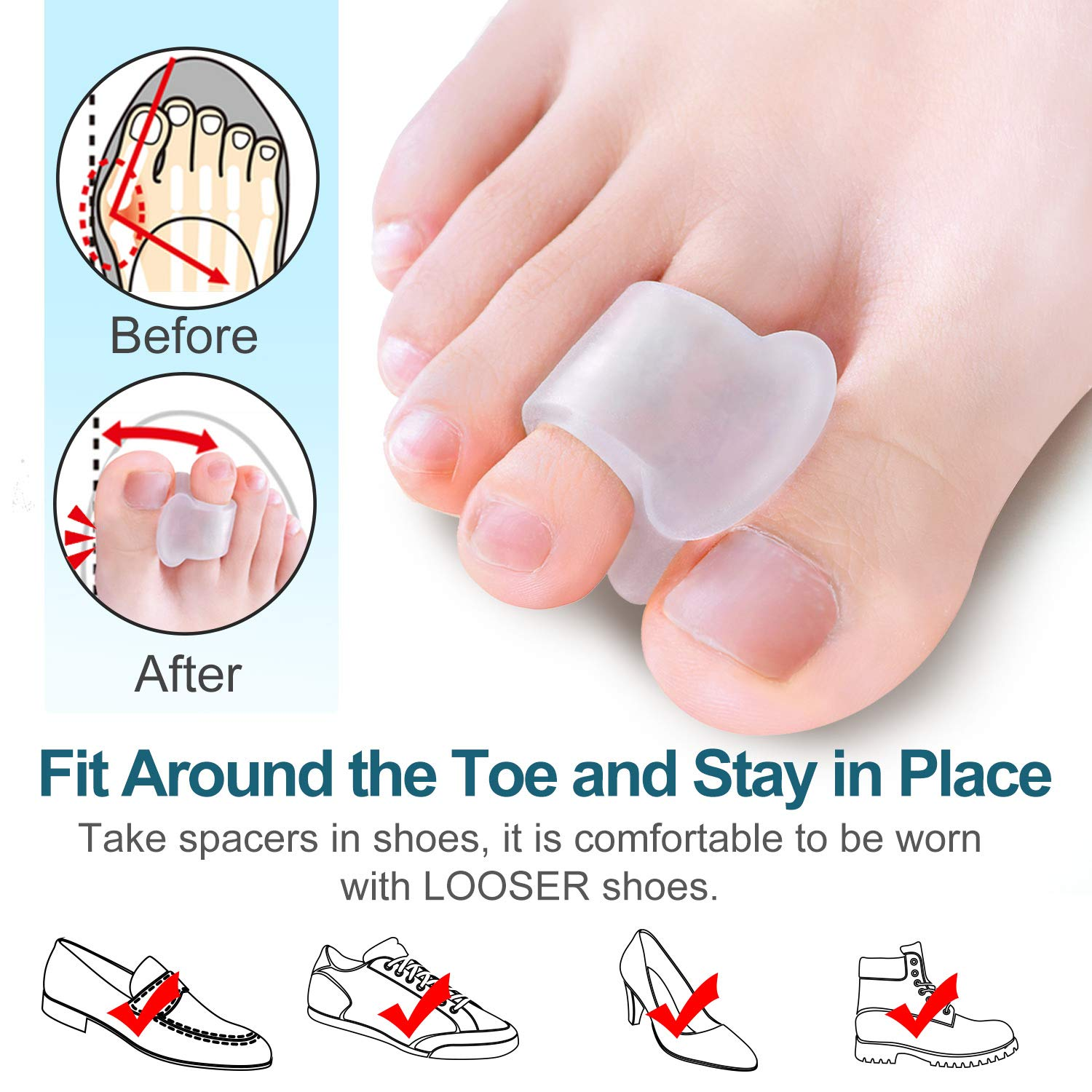 Povihome 10 Pack Clear Toe Spacers, Big Toe Separator (1St/2Nd Toe), Bunion Corrector to Correct Big Toe Bunion, Overlapping Toes image number 3