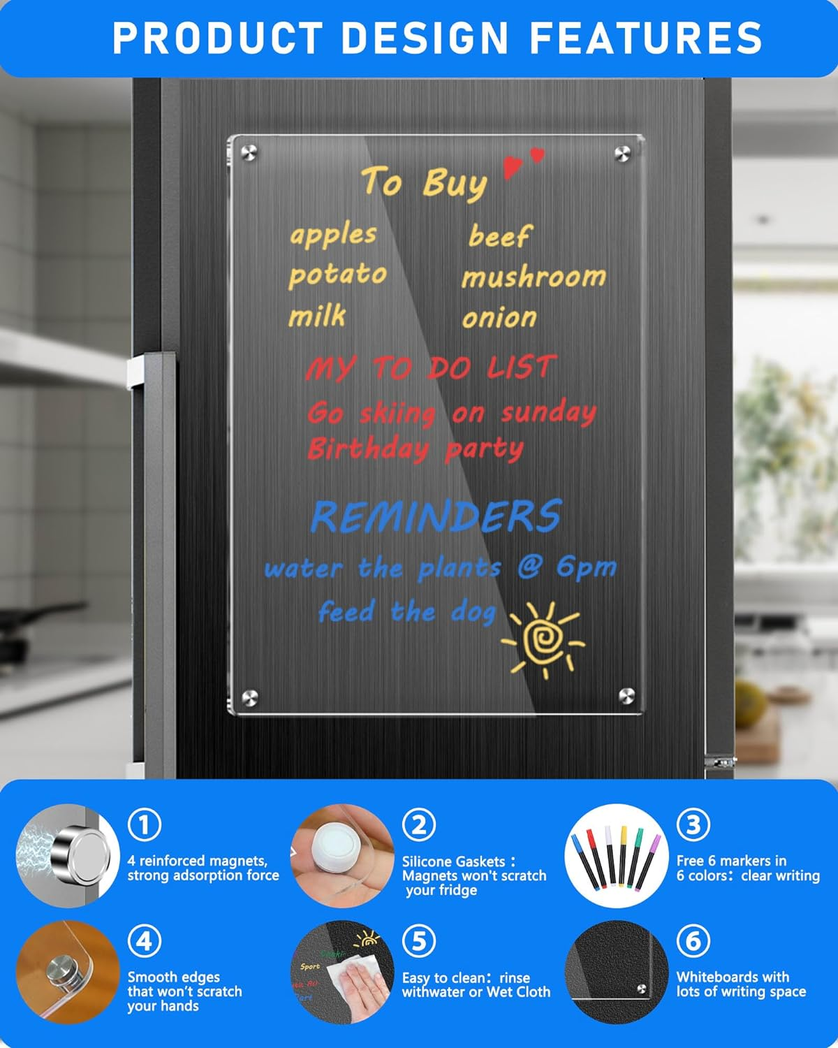 Clear Acrylic Magnetic Dry Erase Board for Fridge,12"X8" Magnetic Whiteboard for Fridge, Magnet Weekly Planner Calendar for Refrigerator Includes 6 Colors Markers image number 5