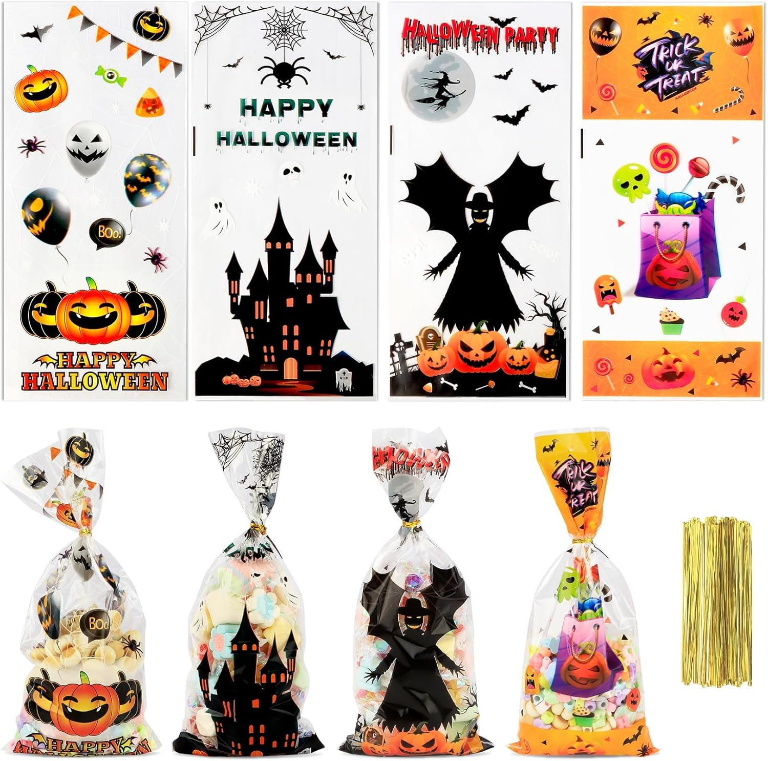 Halloween Treat Bags Halloween Candy Bags Halloween Cellophane Treat Bags 200PCS Halloween Cello Cookies Goodie Gift Snacks Bags with Twists Tie for Halloween Trick or Treat Party Favors Supplies image number 1