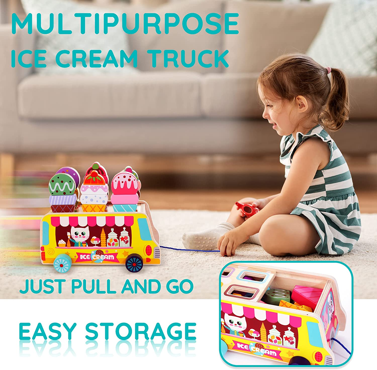Wooden Ice Cream Truck, 28 Pcs Ice Cream Sweet Treats Pretend Play Food & Accessories, Montessori Sorting & Stacking Toys for Toddler Girls & Boys Age 2-5&hellip; image number 6