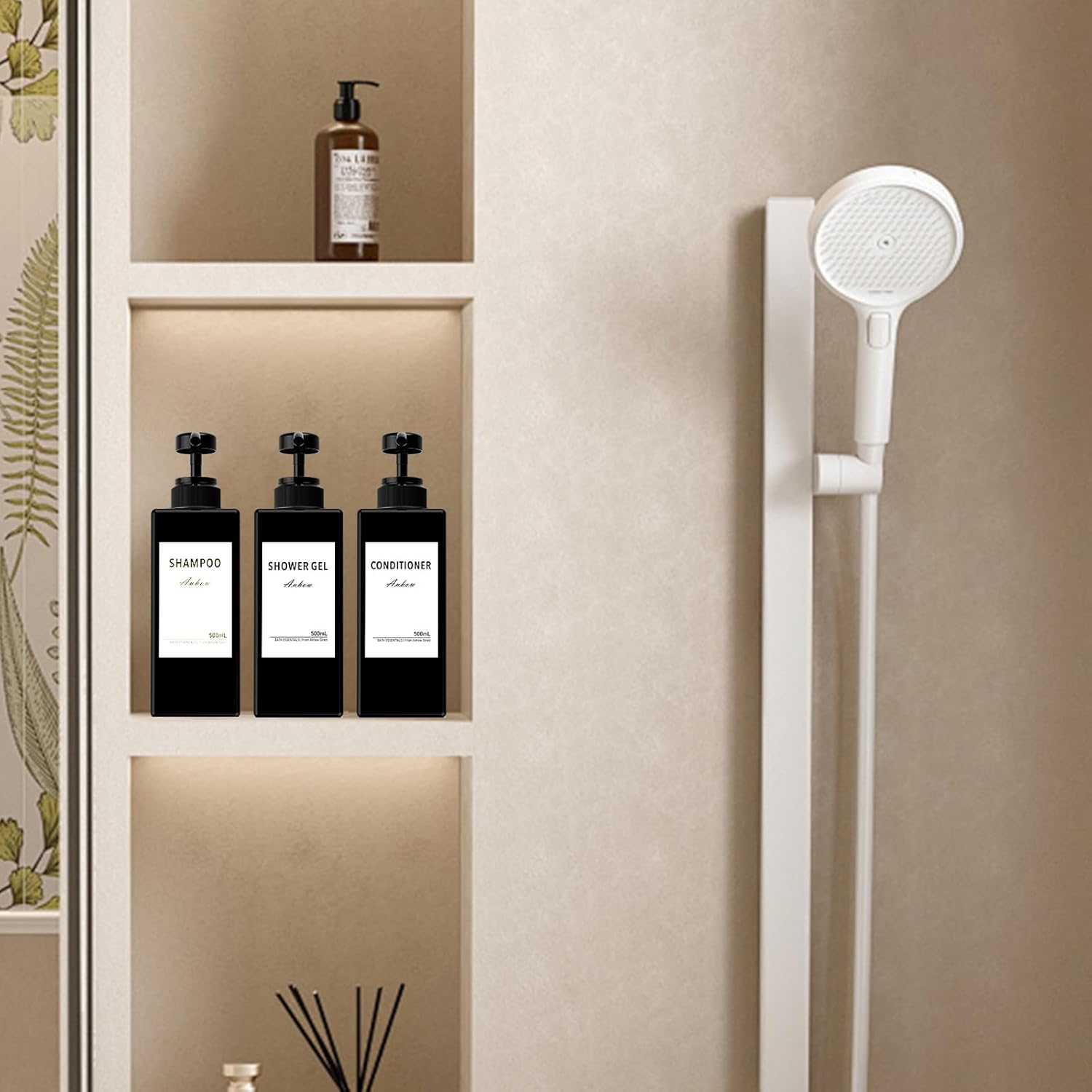 3 Soap Dispensers, Shampoo and Conditioner Dispenser Hand Soap Body Wash Refillable Bottles with Waterproof Category Labels for Shower/Kitchen/Bathroom Lotion Dispensing- Black / 500 Ml image number 6