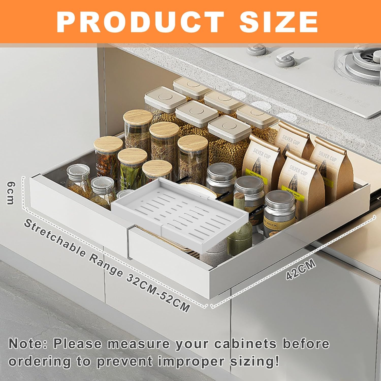 2 Pack Pull Out Cabinet Organizer, Expandable (12.6-20.5In) Cabinet Roll Out Drawers，Upgraded No-Drill Chest of Pull Out Drawers for Cabinets with 3 Adjustable Slides (White, 16.5 in Deep) image number 4