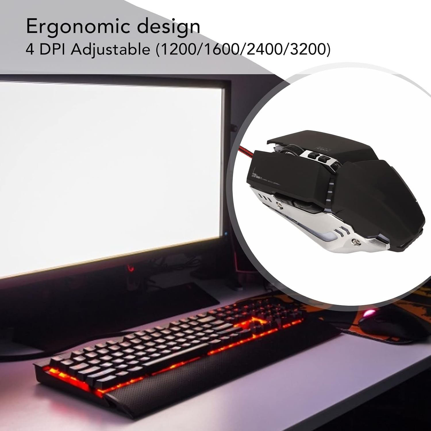 Gaming Mouse Ergonomic Design, USB Gaming Mouse with 4 DPI Adjustable Breathing RBG Backlit, Office Mouse for Desktop Laptop PC (Black) - Black image number 5