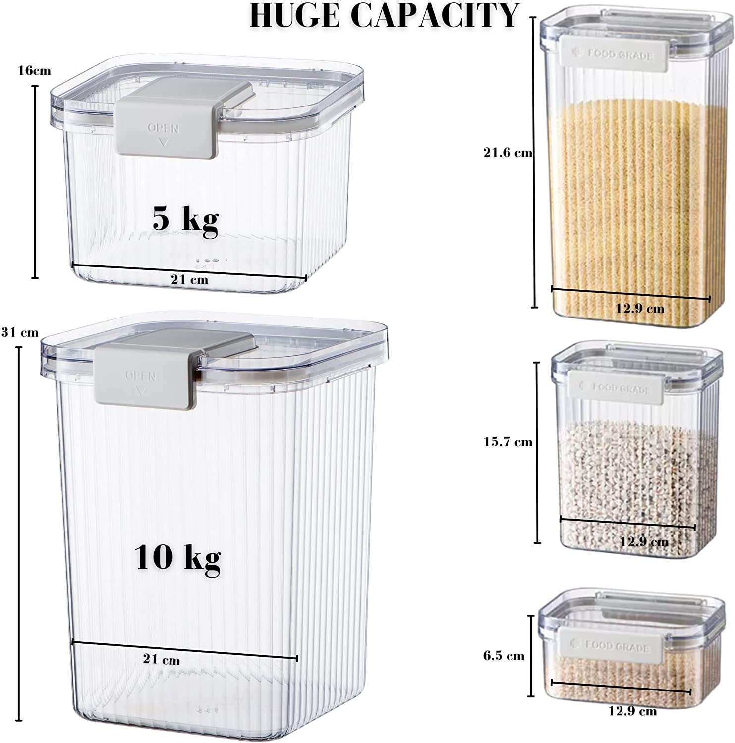 The Good Home&trade; 5 Piece Container Set, Large Airtight Food Storage Container Set of Two, 10KG and 5KG Storage Container Comes with Scoop and 3 Containers for Kitchen and Pantry Organiser image number 3