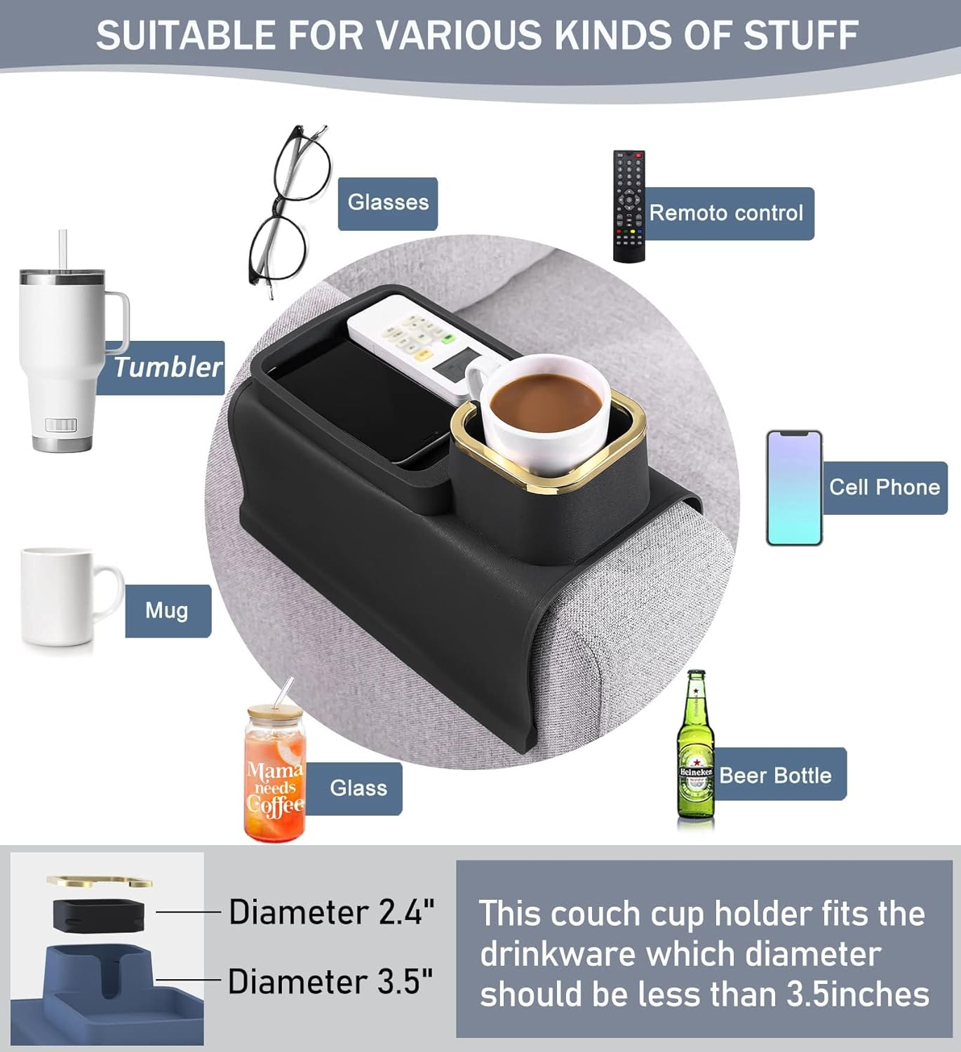 Silicone Couch Cup Holder, Portable Sofa Cup Holder Tray, Couch Drink Holder & Sofa Tray, Multi-Functional Sofa Armrest Organiser for Cup, Phone, Tablet, Remote Control, Snack (Black) image number 3