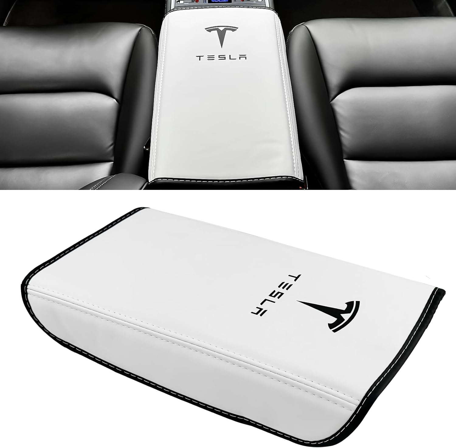 White Armrest Cover for Tesla Model Y / 3 Center Console 2017-2023, Anti-Scratch and Waterproof Soft PU Leather Armrest Protector Cushion image number 2