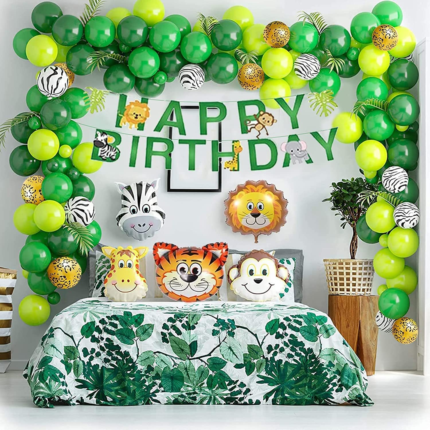 Toddler Jungle Theme Balloon Arch Kit for 1 Year Old Baby Boy Girl, Green Happy Birthday Banner Balloons Garland, Safari Shower Party Supplies Decorations - 64Pcs (1) image number 6