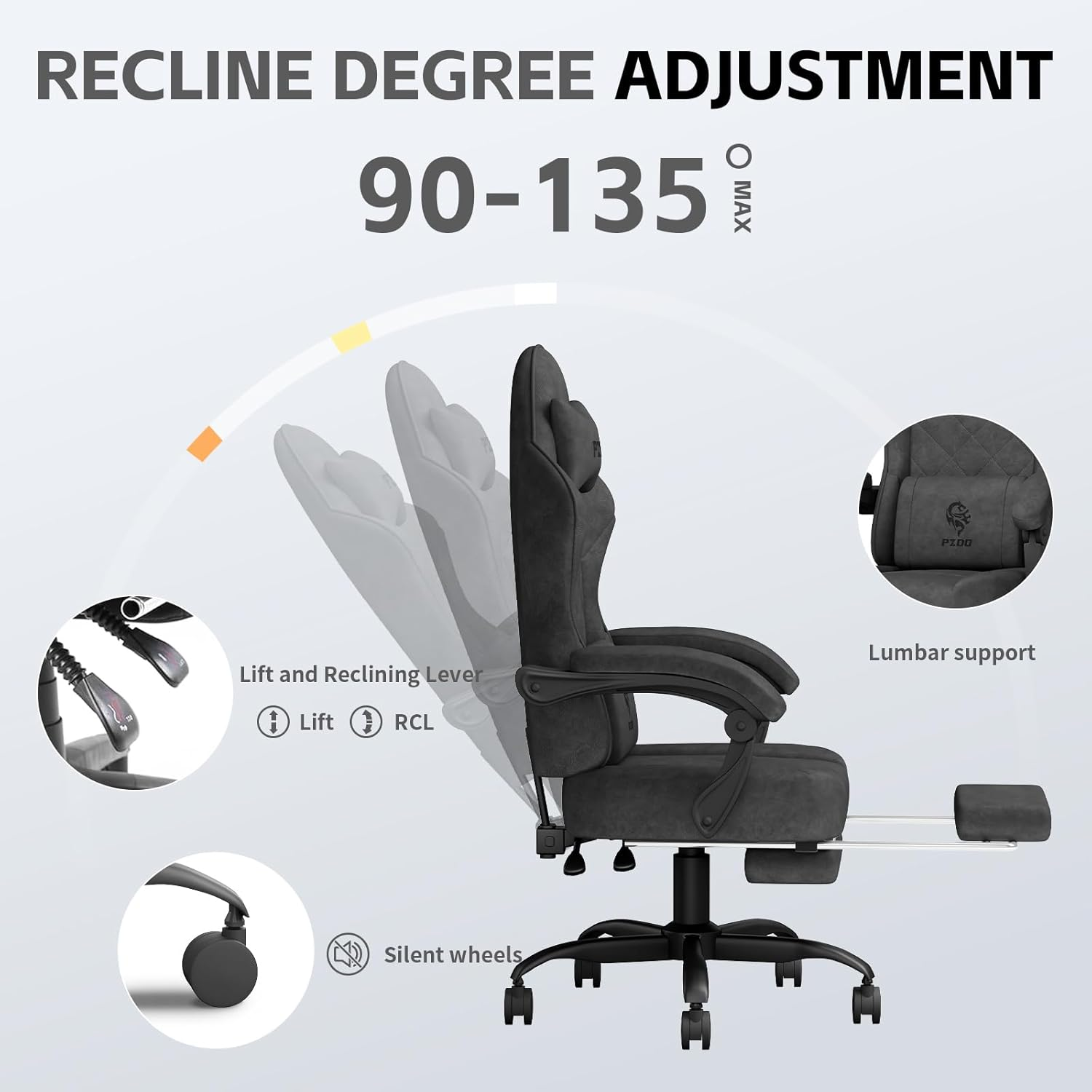 Gaming Chair, Gaming Chairs for Adults with Footrest, Lumbar Support, Fabric Computer Office Chair, High Back PC Chairs Ergonomic Gamer Chair with Wide Cushion, Recliner, 300LBS, Teens, Black image number 4