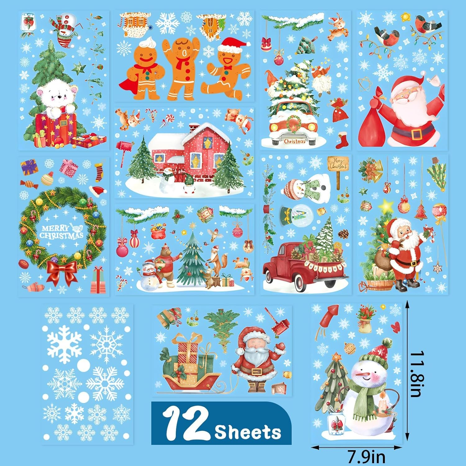 12 Sheet 260 Pcs Christmas Window Decals Stickers for Glass, PVC Double Sided Static Clings for Christmas Glass Decoration, Xmas Window Decals Gingerbread Stickers for Party Home Office Decor image number 3