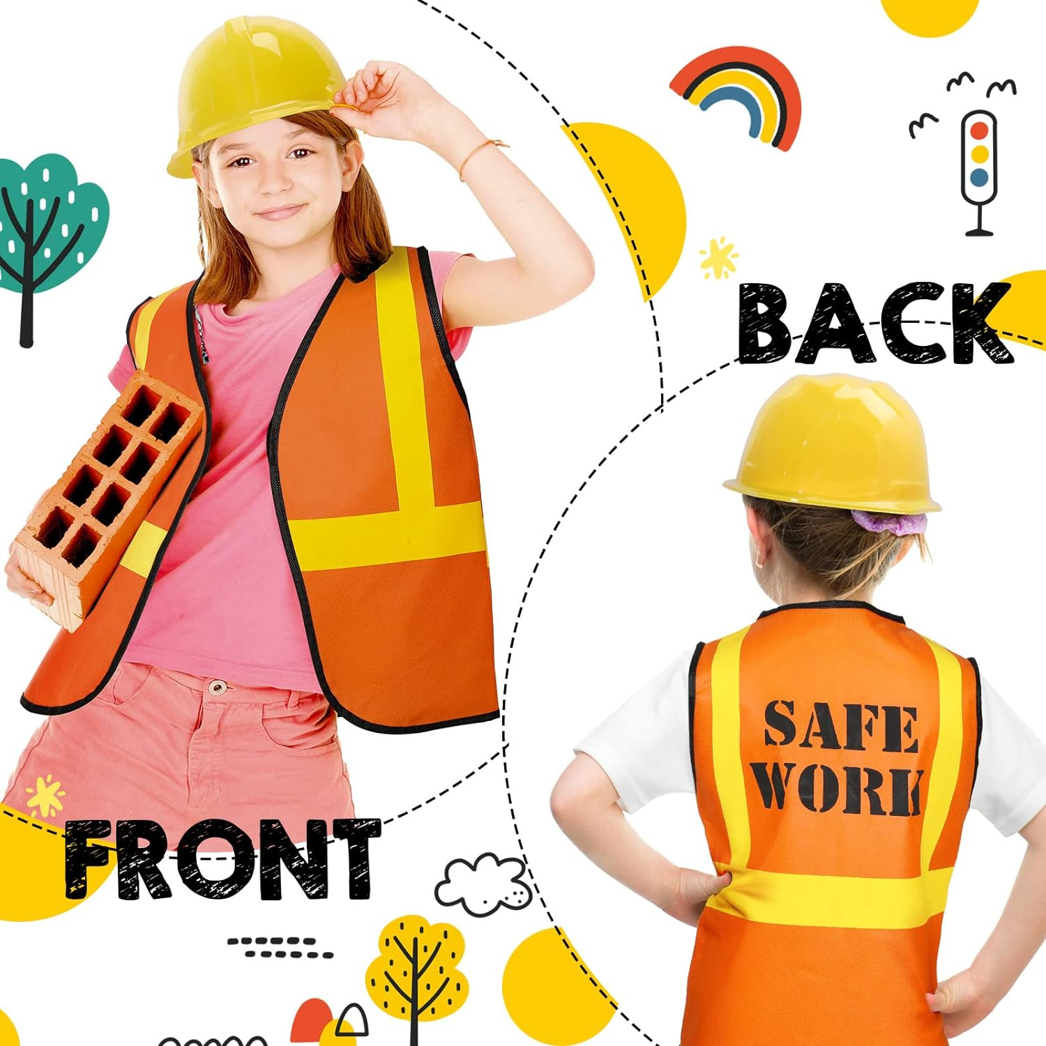 72 Pcs Construction Worker Costume for Kids Including 36 Construction Hat and 36 Construction Vest Construction Theme Birthday Party Supplies for Dressing up Supplies Birthday Role Play Accessories image number 5