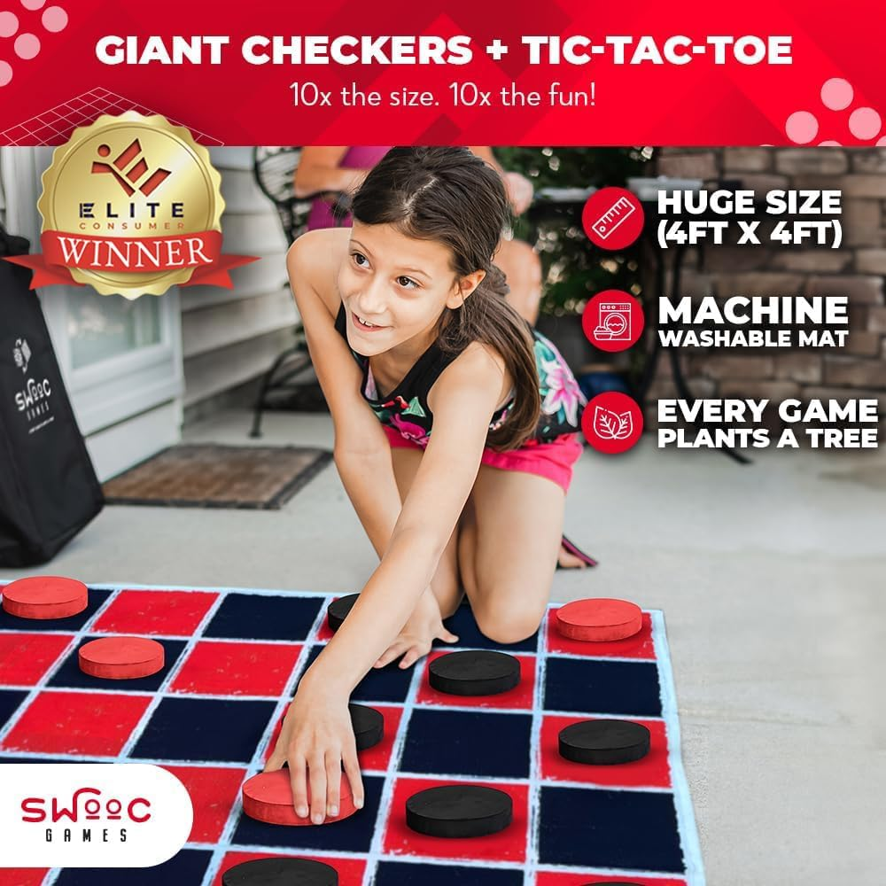 SWOOC Games - 2-In-1 Vintage Giant Checkers & Tic Tac Toe Game with Mat (4Ft X 4Ft) - 100% Machine-Washable Canvas with 5" Big Foam Discs - Yard Size Indoor and Outdoor Games for the Whole Family