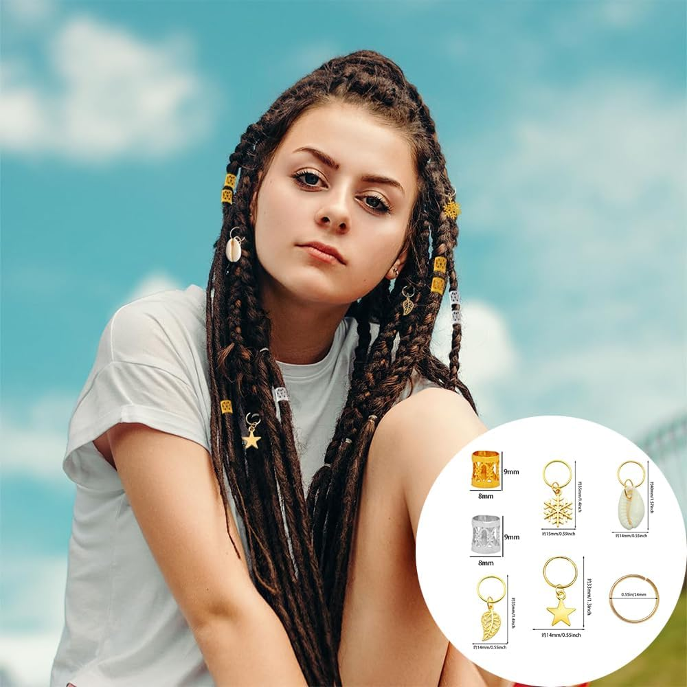 7 Styles Hair Jewelry Beads,80Pcs Dreadlocks Beads Metal Cuffs Hair Braid Rings Pendants Braiding Clips Hair Decorations Braids Accessories